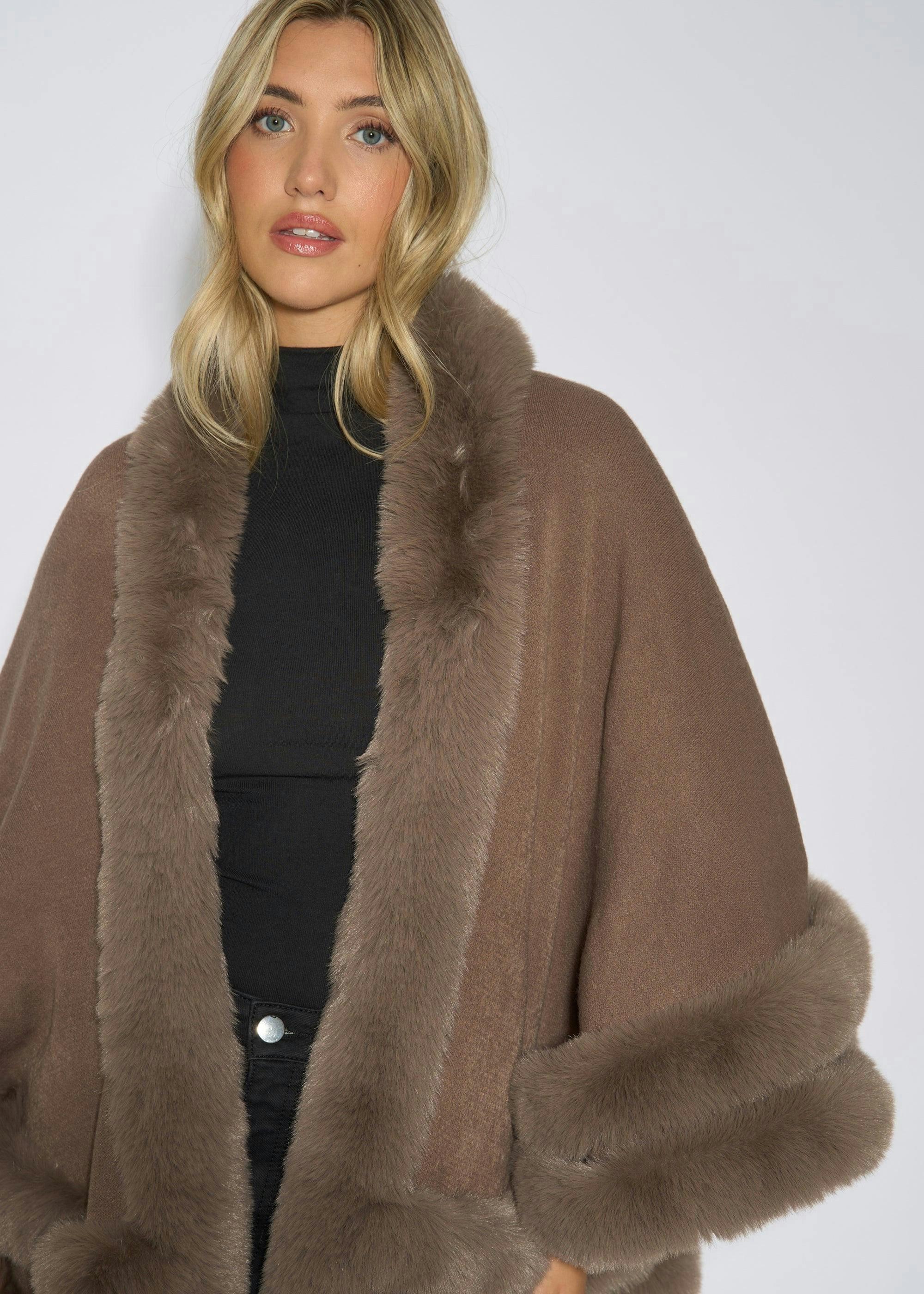 Brown Double Layer Fur Trim Cape , view 3 of 4
