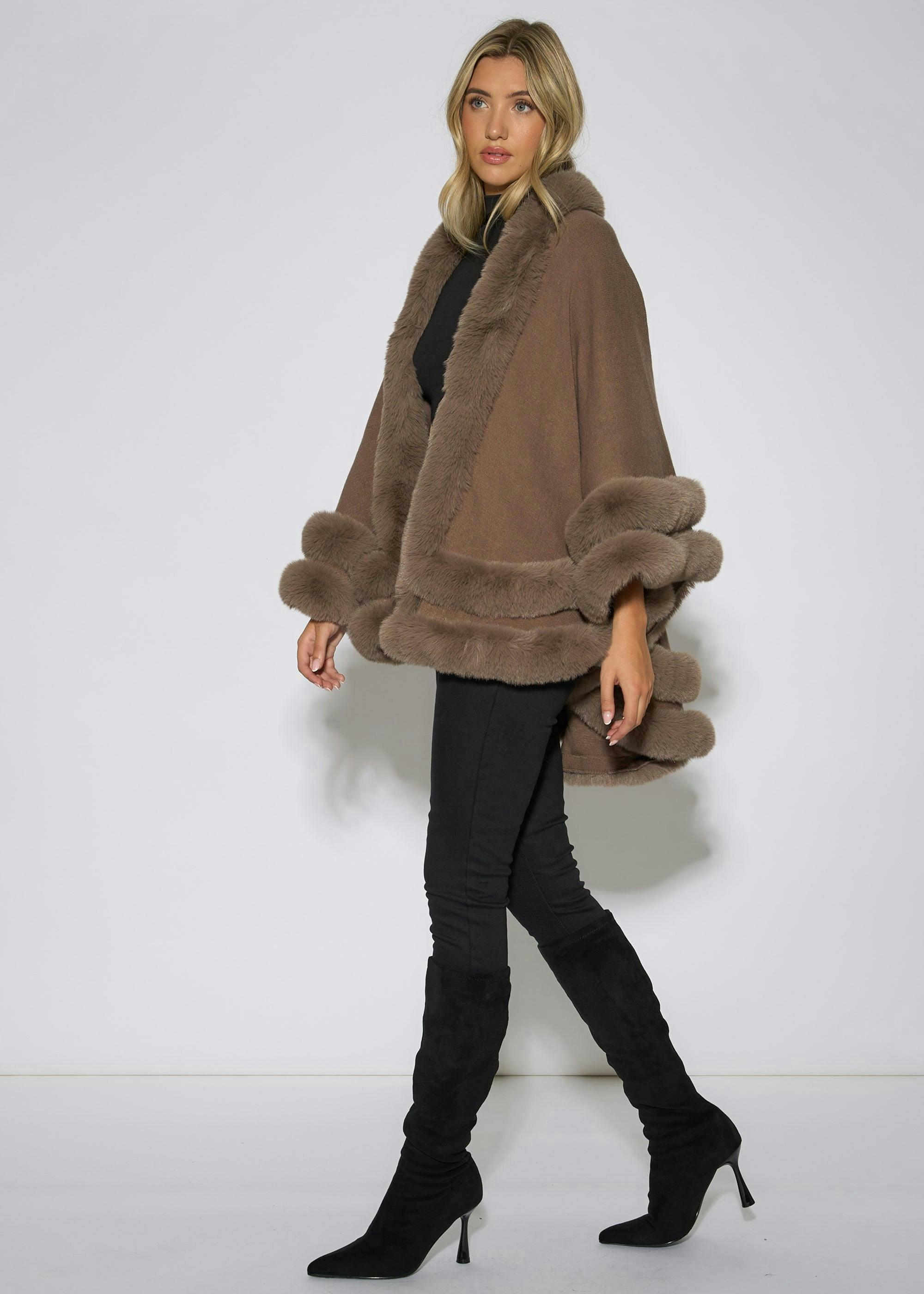 Brown Double Layer Fur Trim Cape , view 4 of 4