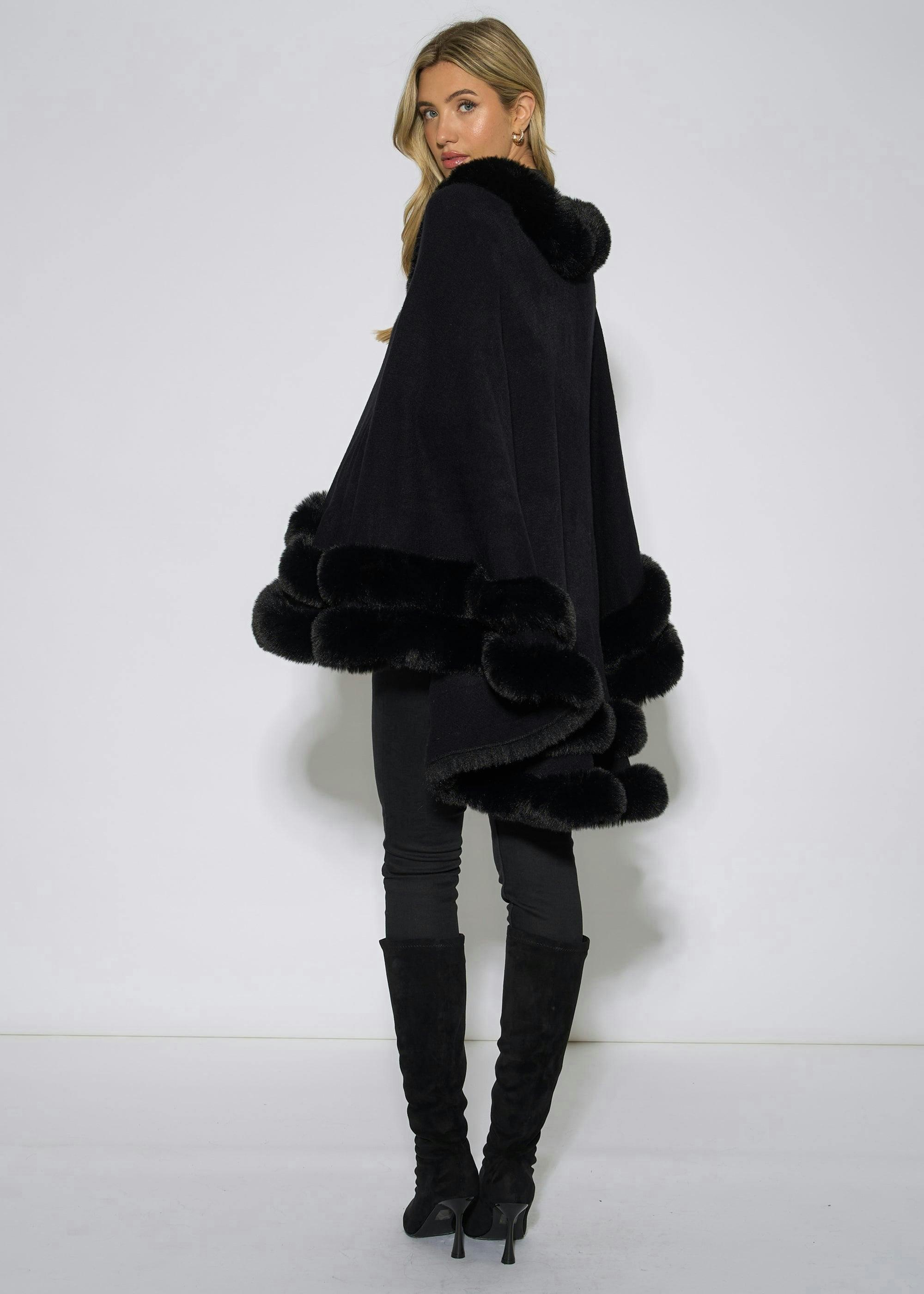 Black Double Layer Fur Trim Cape , view 2 of 4