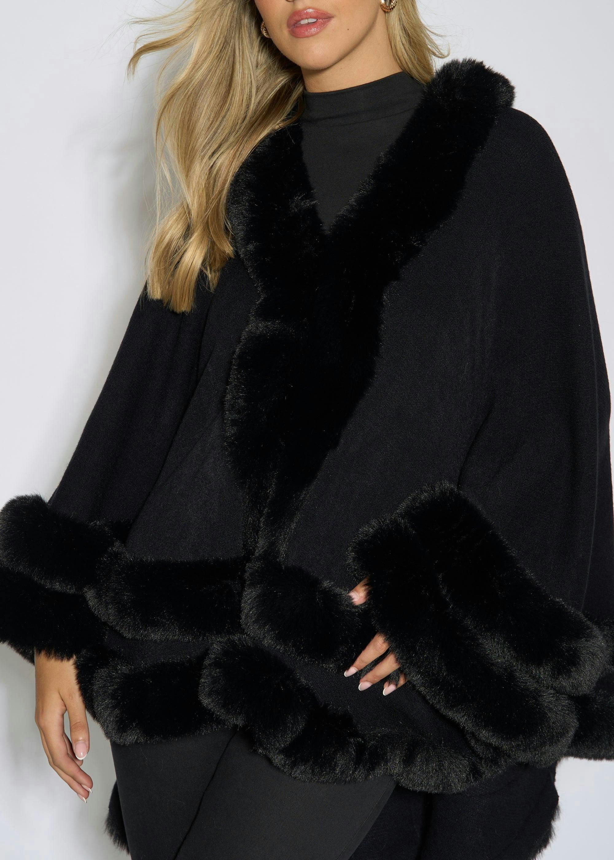 Black Double Layer Fur Trim Cape , view 3 of 4