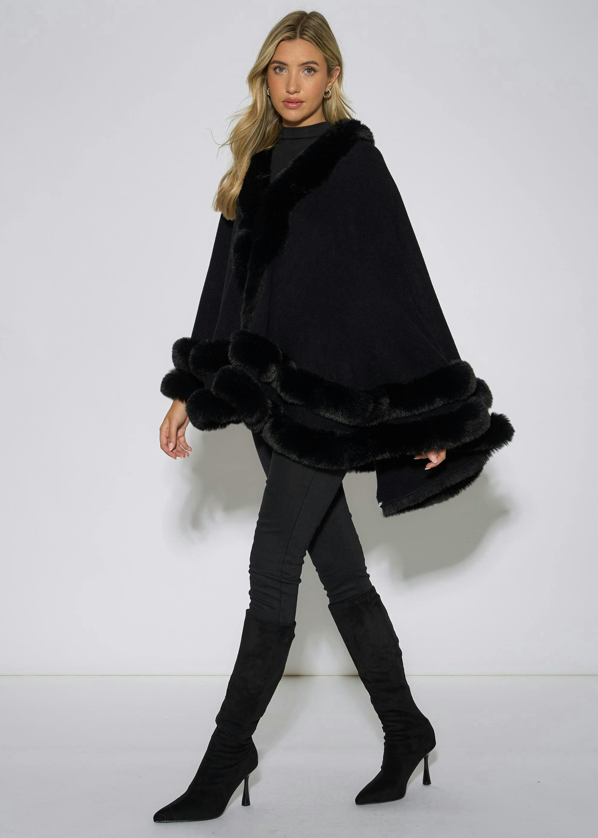 Black Double Layer Fur Trim Cape , view 4 of 4
