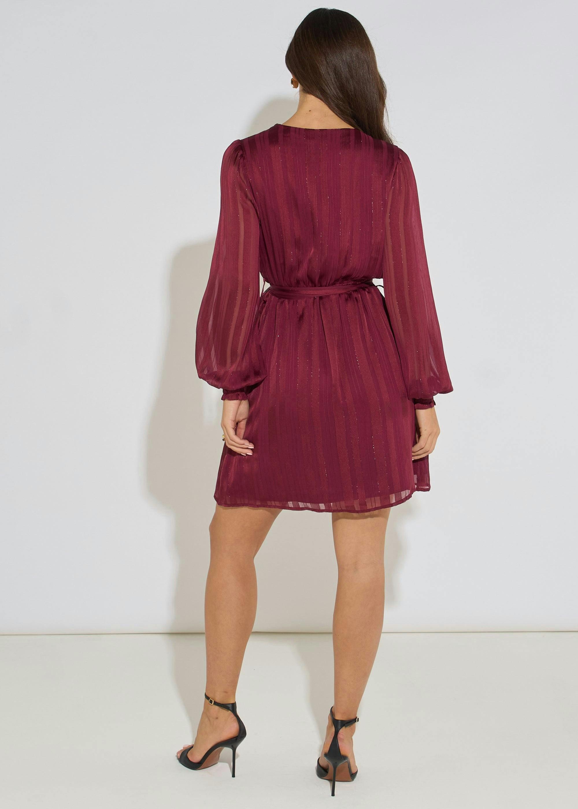 Mulberry Satin Burn Out Stripe Wrap Mini Dress , view 2 of 4