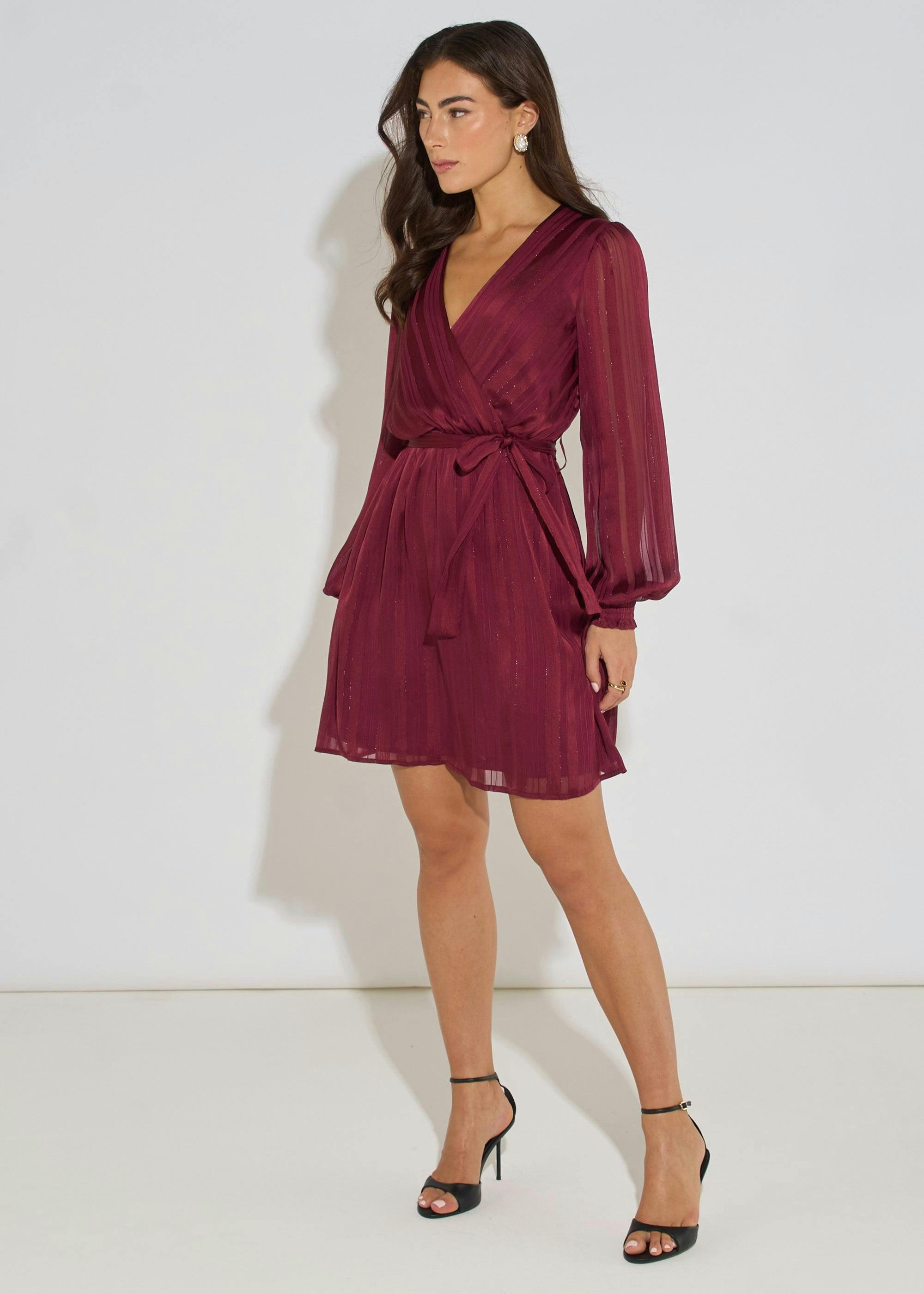 Mulberry Satin Burn Out Stripe Wrap Mini Dress , view 4 of 4
