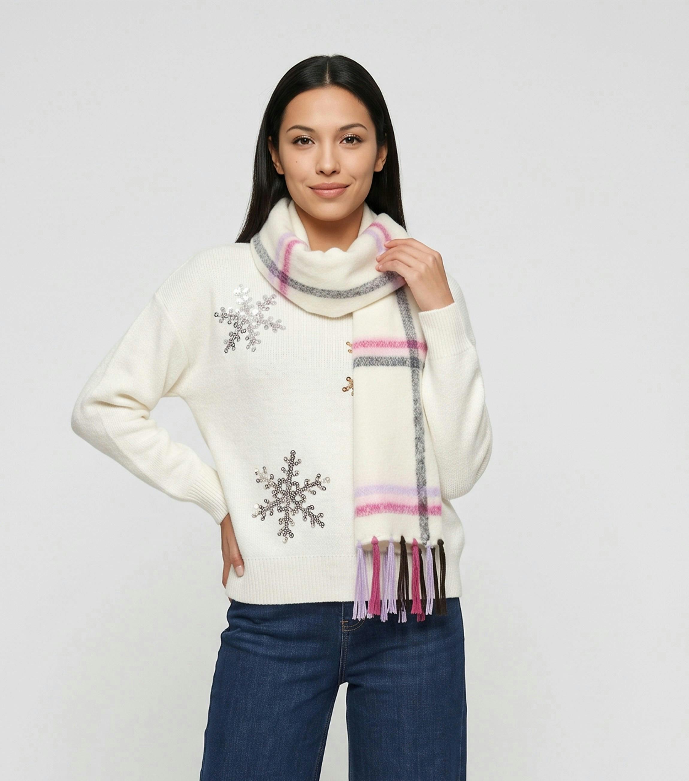 Multi Ladies Check Scarf With Tassel Fringe , view 2 of 3