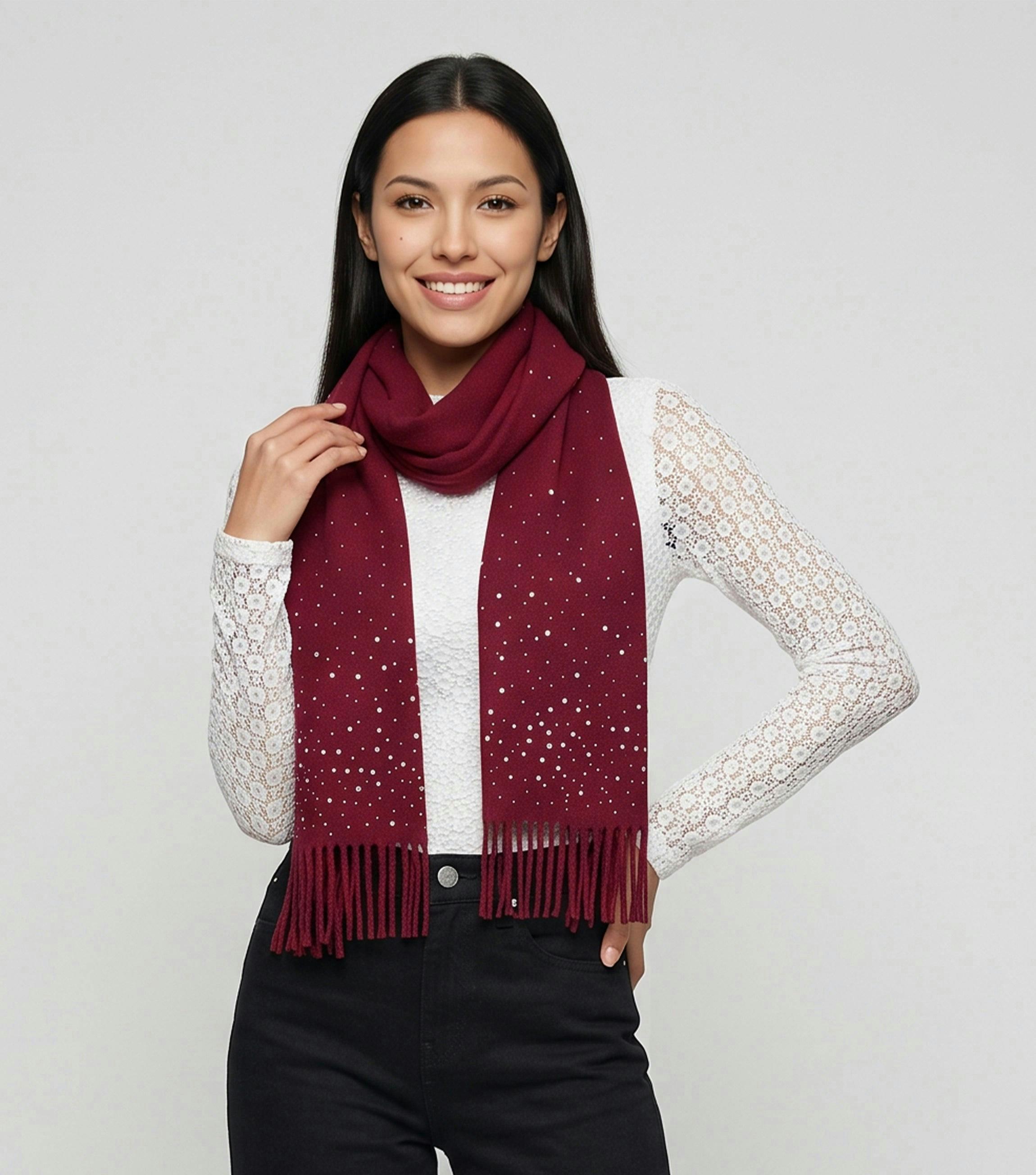 Burgundy Ladies Embellished Tassel Scarf , view 2 of 3