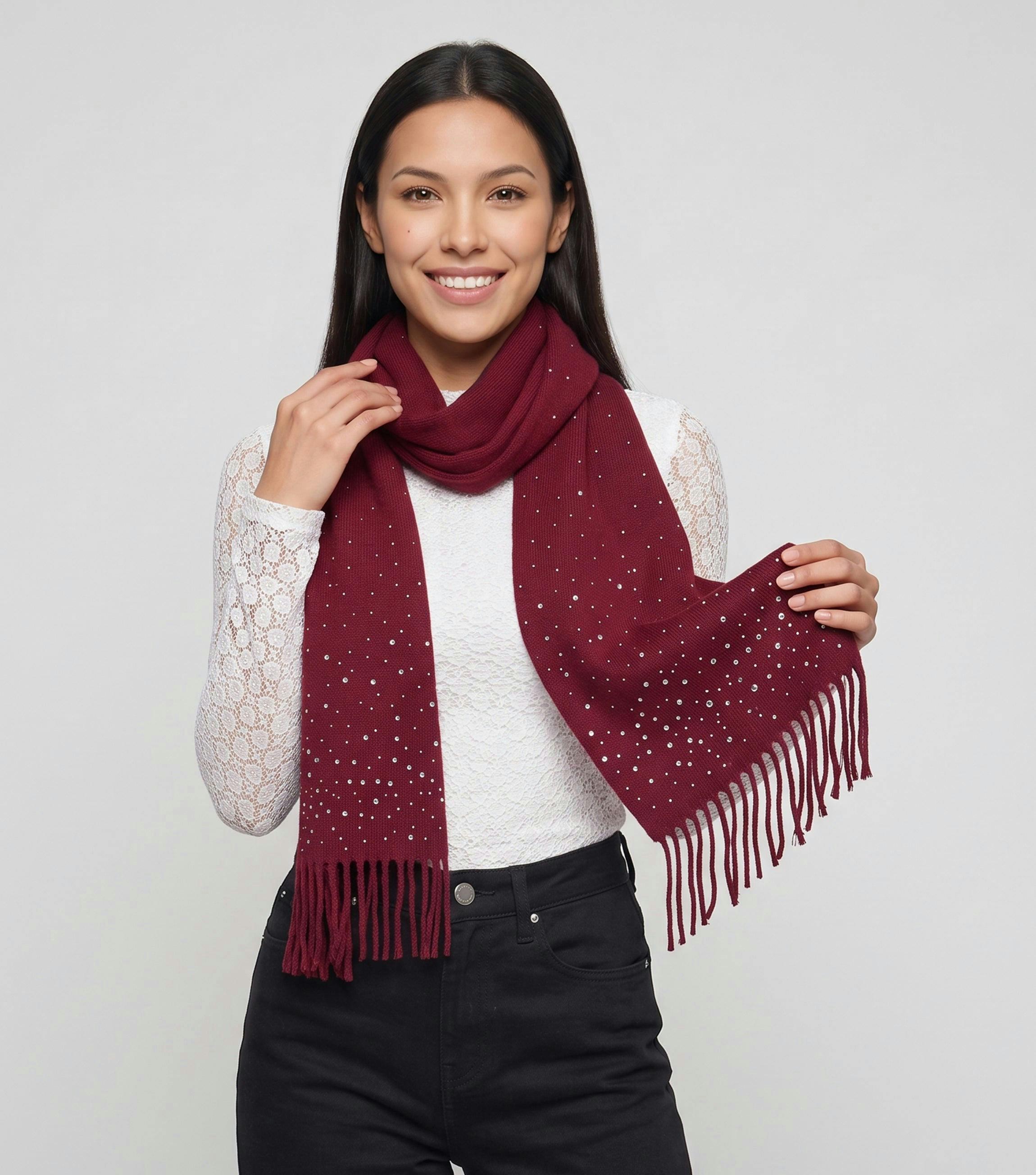 Burgundy Ladies Embellished Tassel Scarf , view 3 of 3