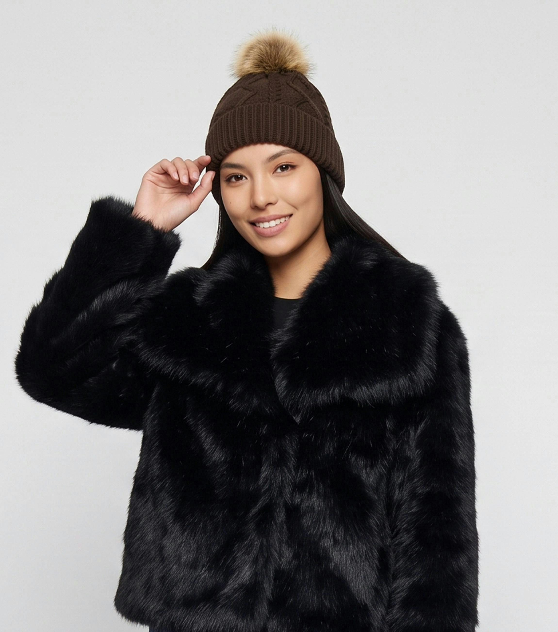 Brown Ladies Cable Knit Pom Beanie Hat , view 2 of 2
