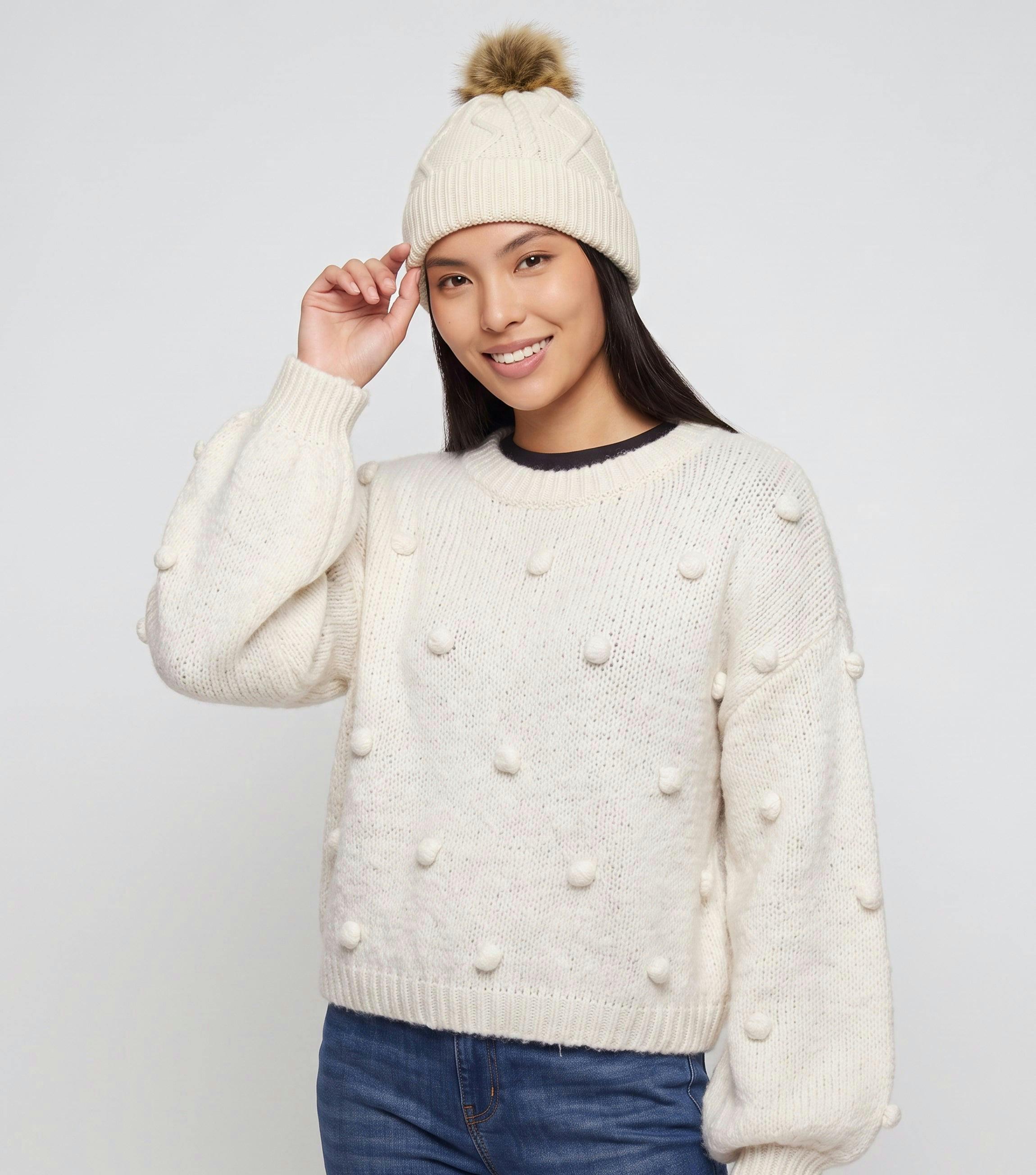 Beige Ladies Cable Knit Pom Beanie Hat , view 2 of 2