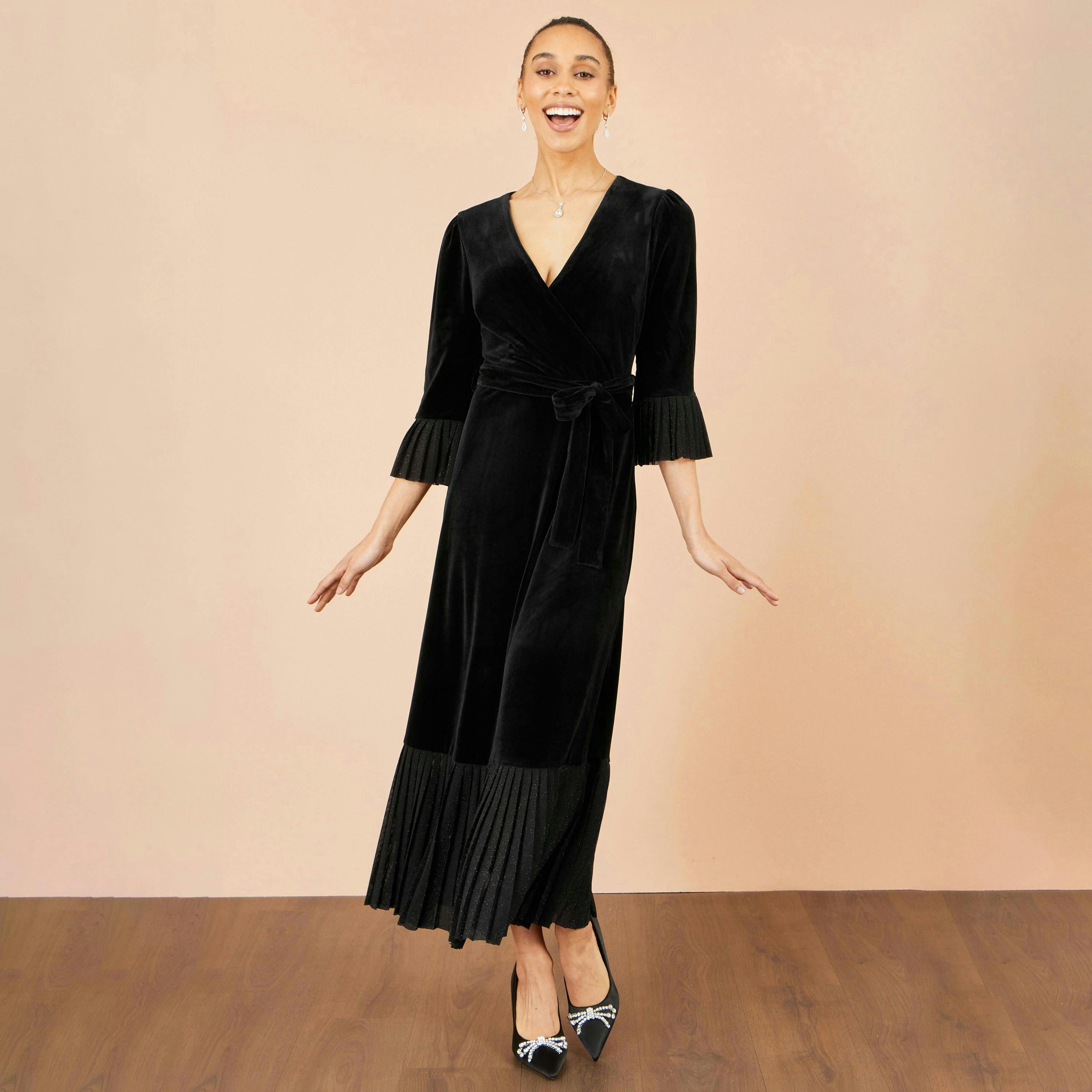 Yumi Black Velvet Midi Pleat Detail Wrap Dress , view 2 of 5