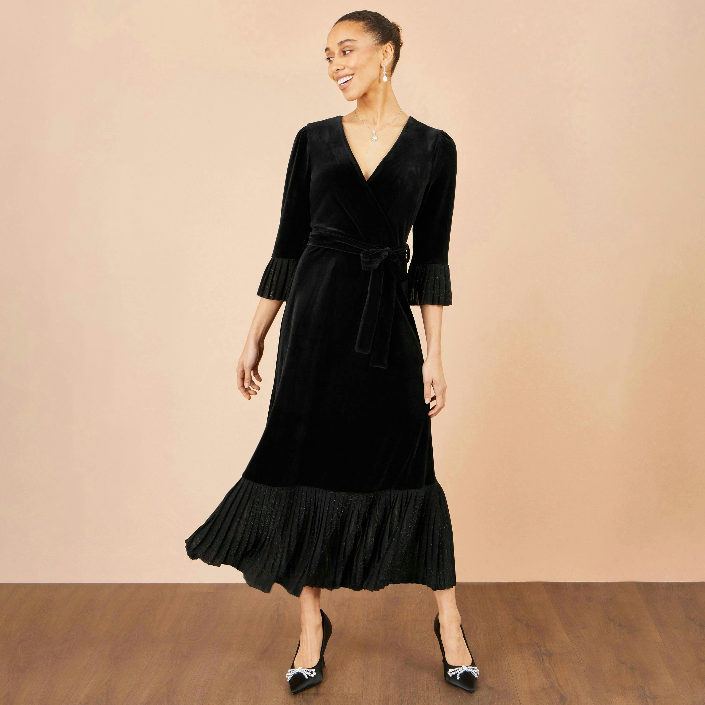 Yumi Black Velvet Midi Pleat Detail Wrap Dress , view 3 of 5