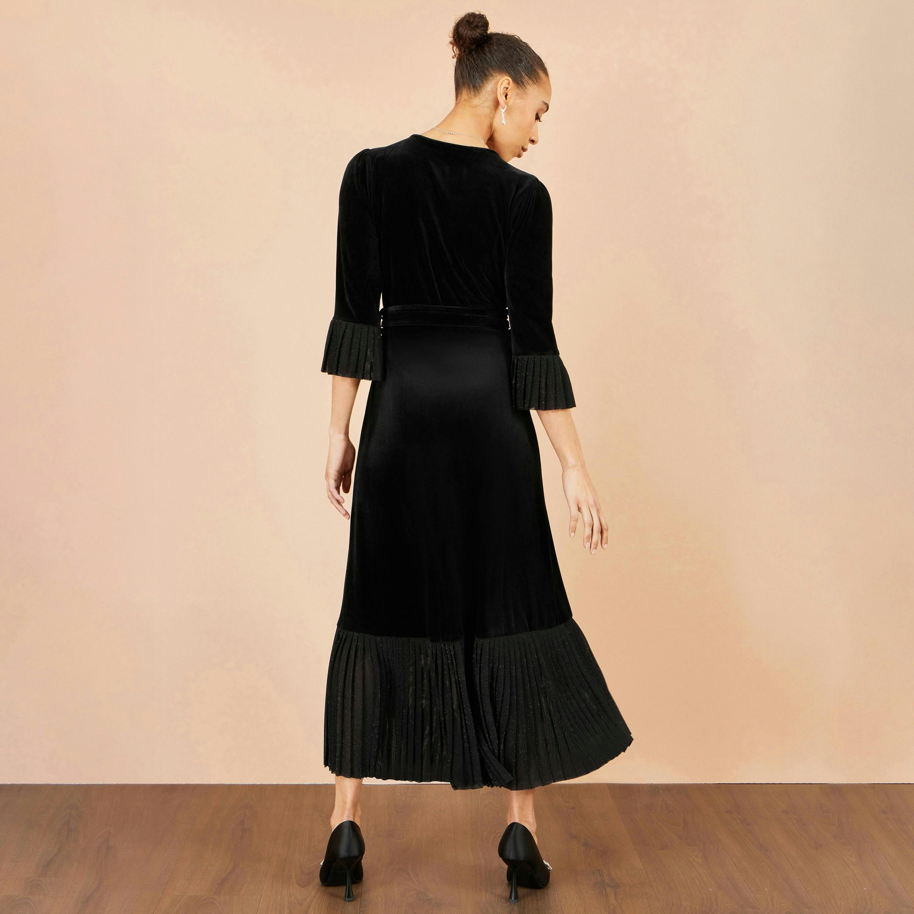 Yumi Black Velvet Midi Pleat Detail Wrap Dress , view 4 of 5