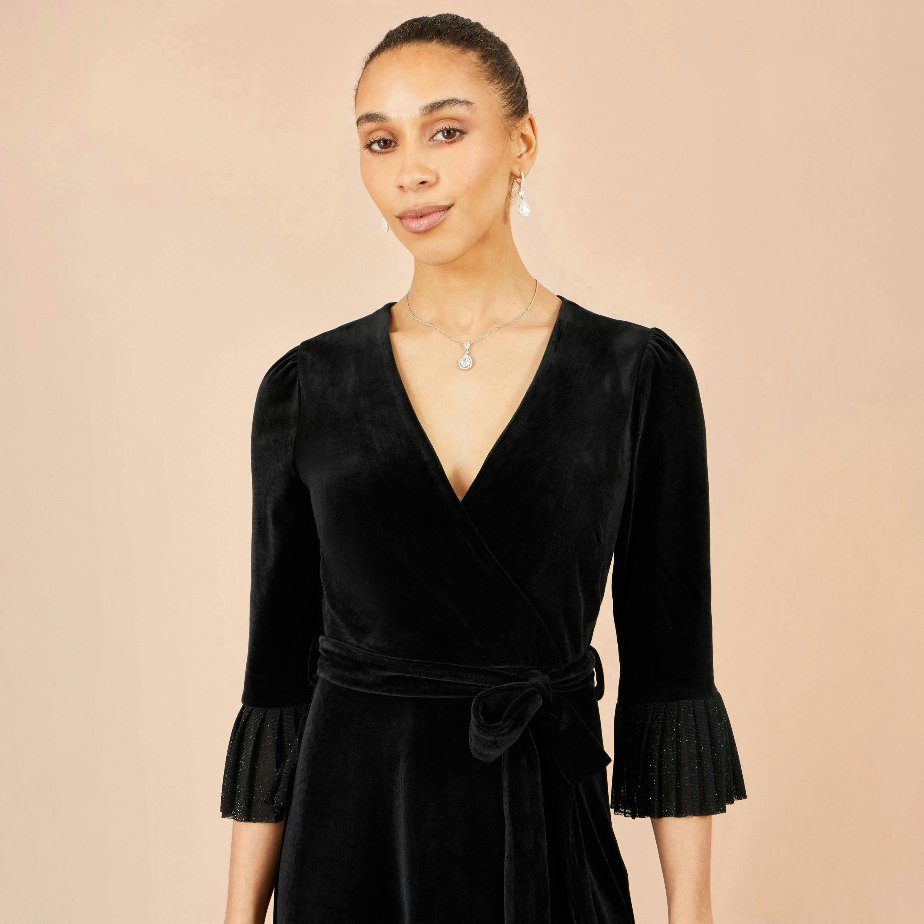 Yumi Black Velvet Midi Pleat Detail Wrap Dress , view 5 of 5