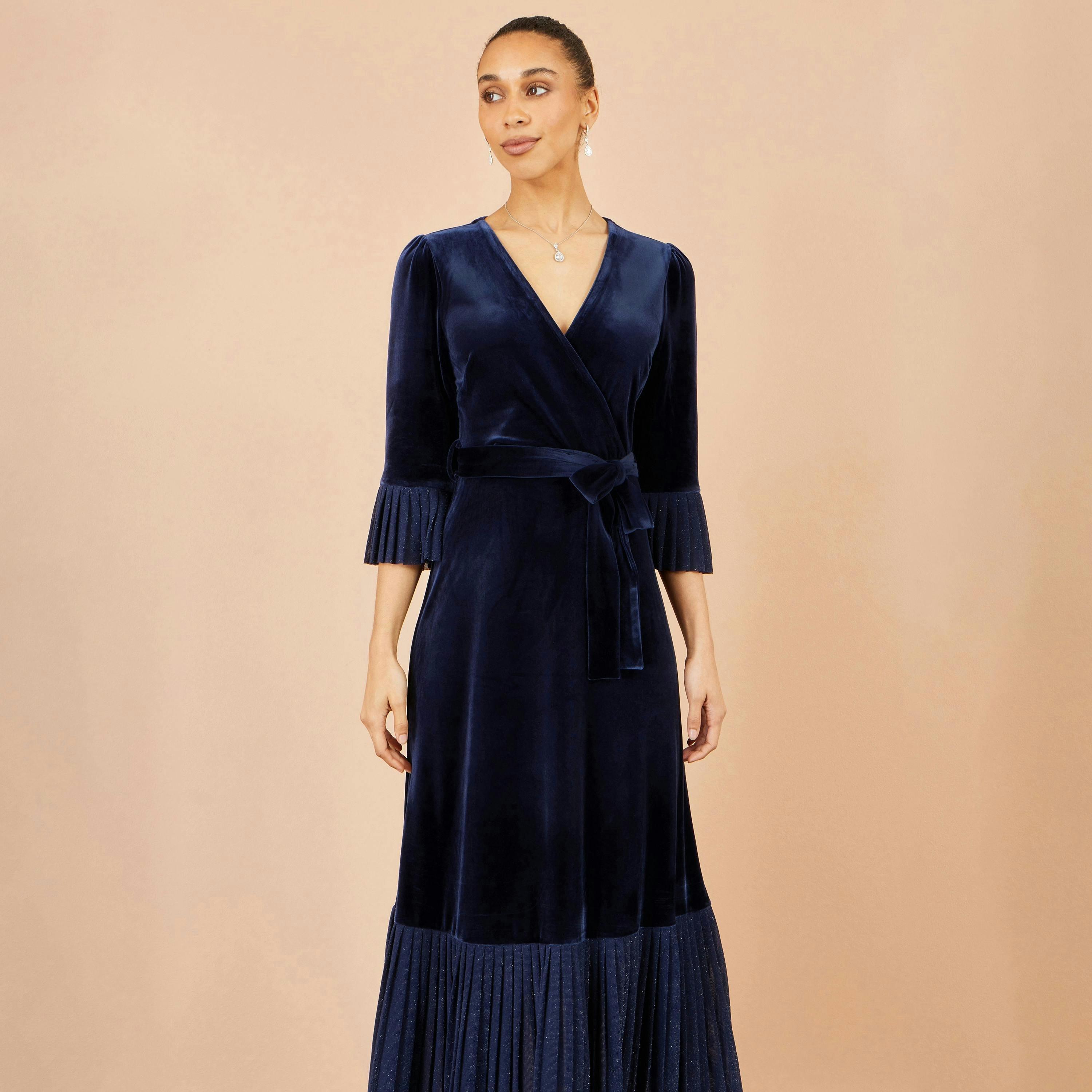 Yumi Navy Velvet Midi Pleat Detail Wrap Dress , view 2 of 6