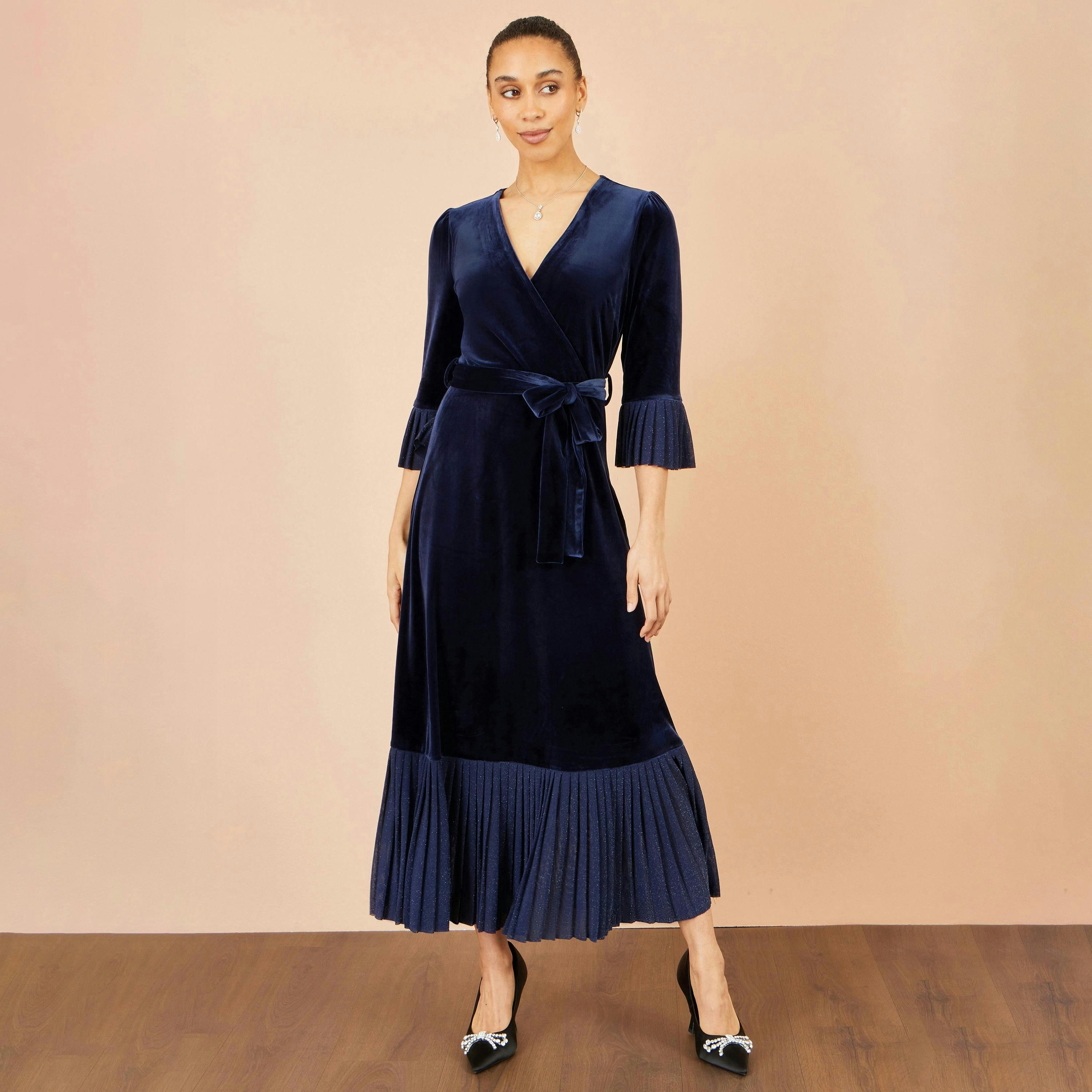 Yumi Navy Velvet Midi Pleat Detail Wrap Dress , view 3 of 6