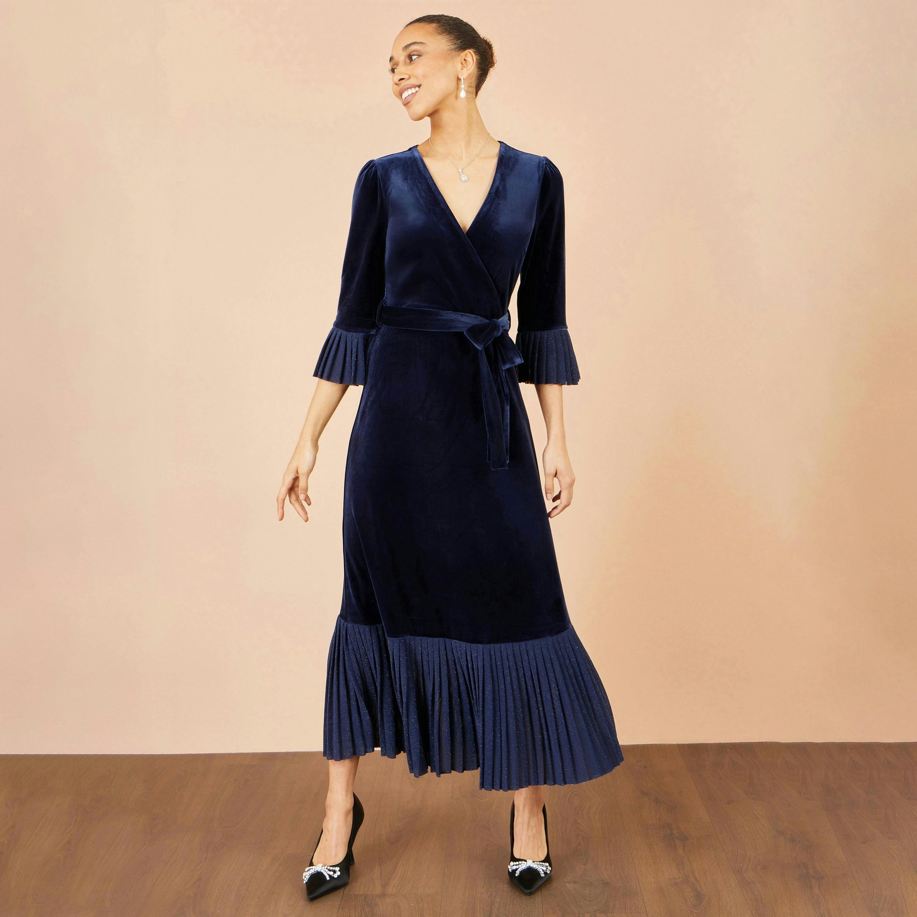Yumi Navy Velvet Midi Pleat Detail Wrap Dress , view 4 of 6