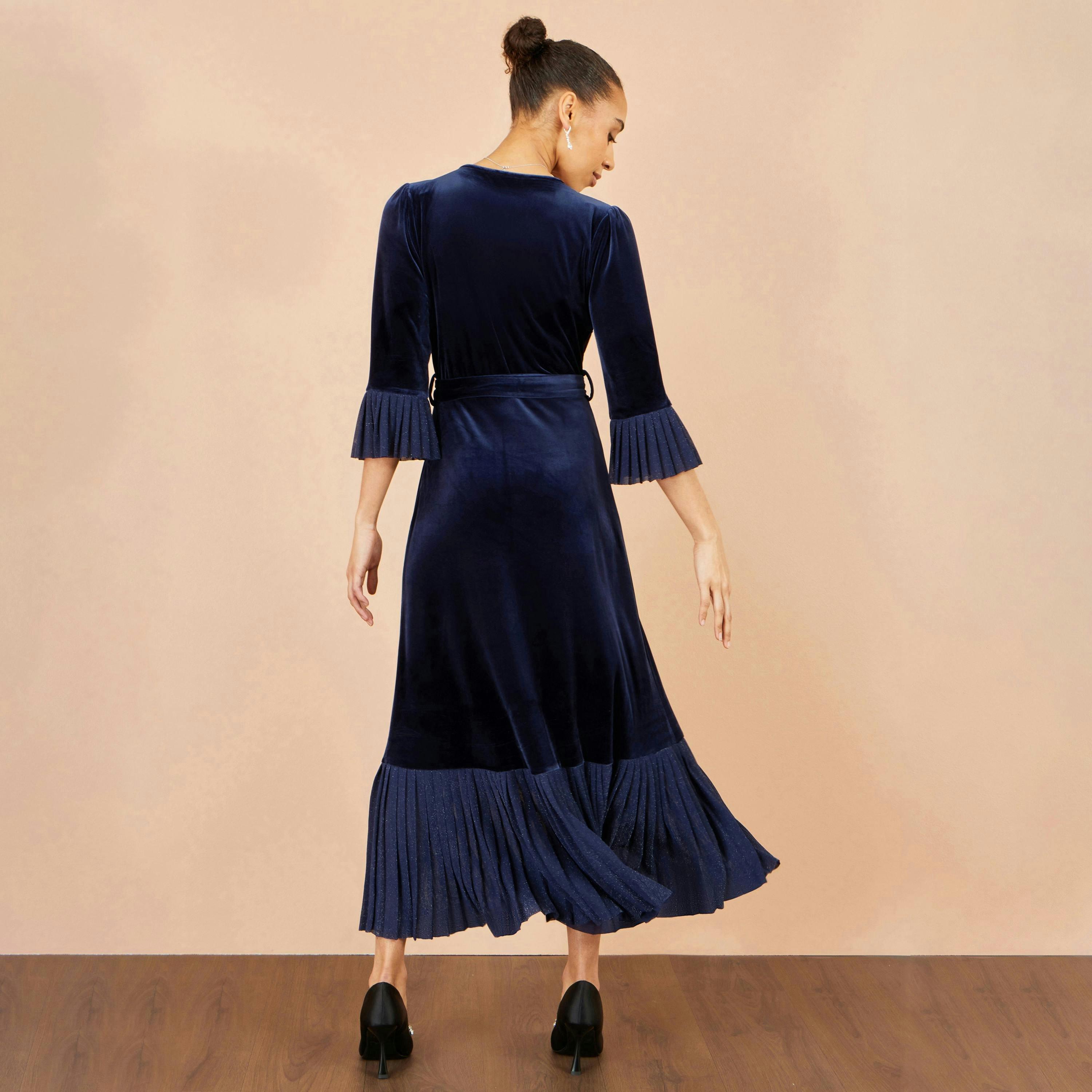 Yumi Navy Velvet Midi Pleat Detail Wrap Dress , view 5 of 6