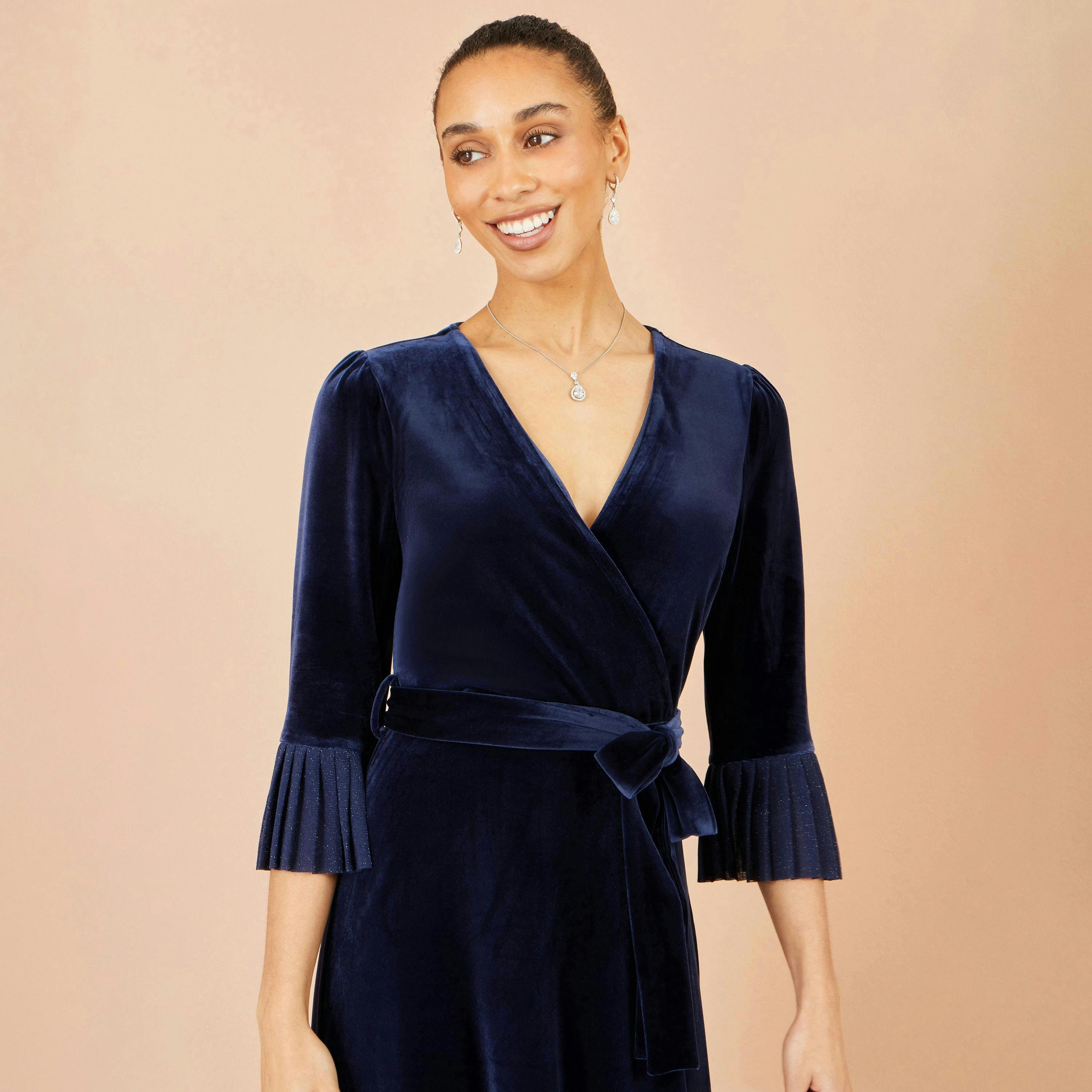 Yumi Navy Velvet Midi Pleat Detail Wrap Dress , view 6 of 6