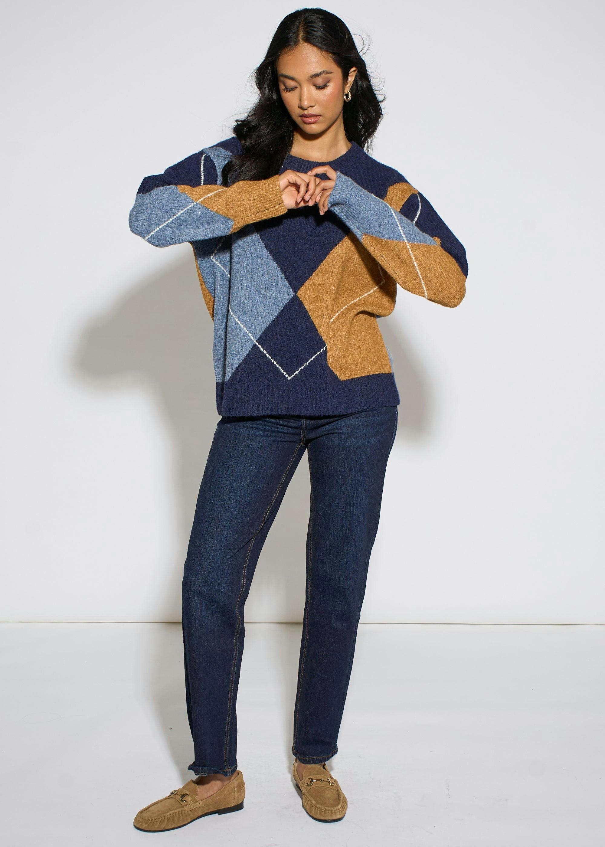 Navy Argyle Long Sleeve Jumper , view 3 of 4