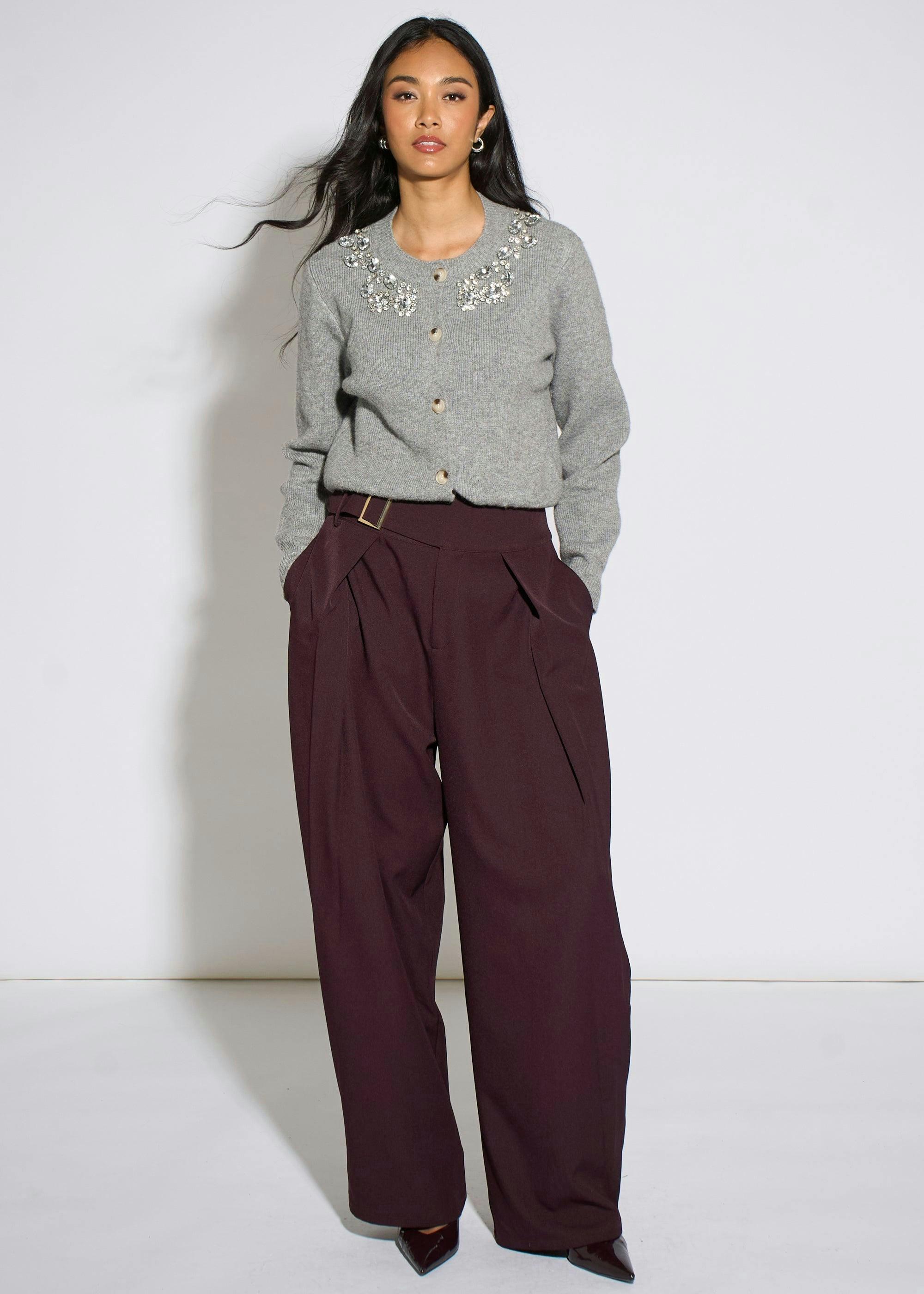 Grey Marl Diamante Embedded Knit Cardigan , view 3 of 4