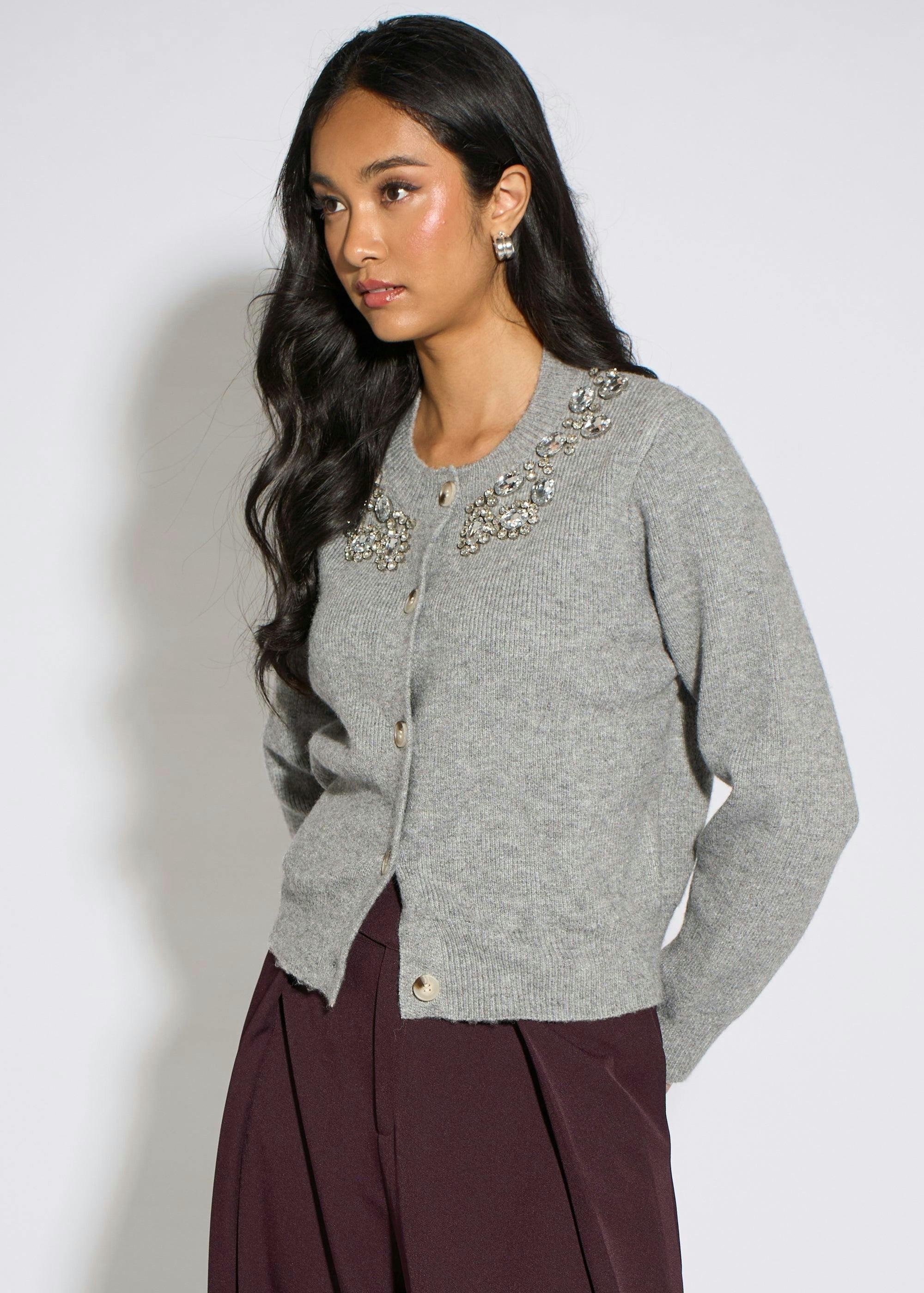 Grey Marl Diamante Embedded Knit Cardigan , view 4 of 4