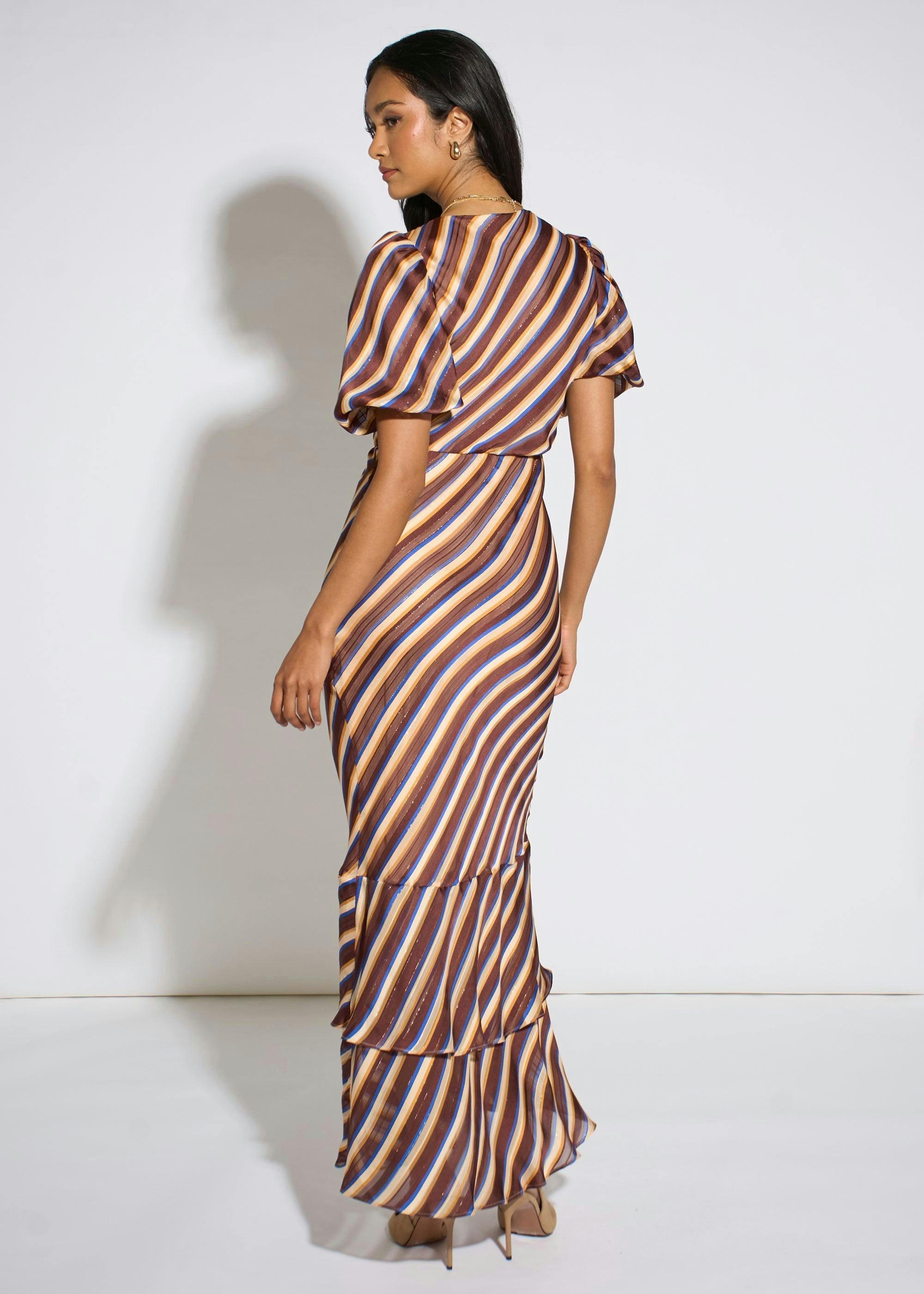 Brown Stripe Sparkle Chiffon Maxi Dress , view 2 of 4
