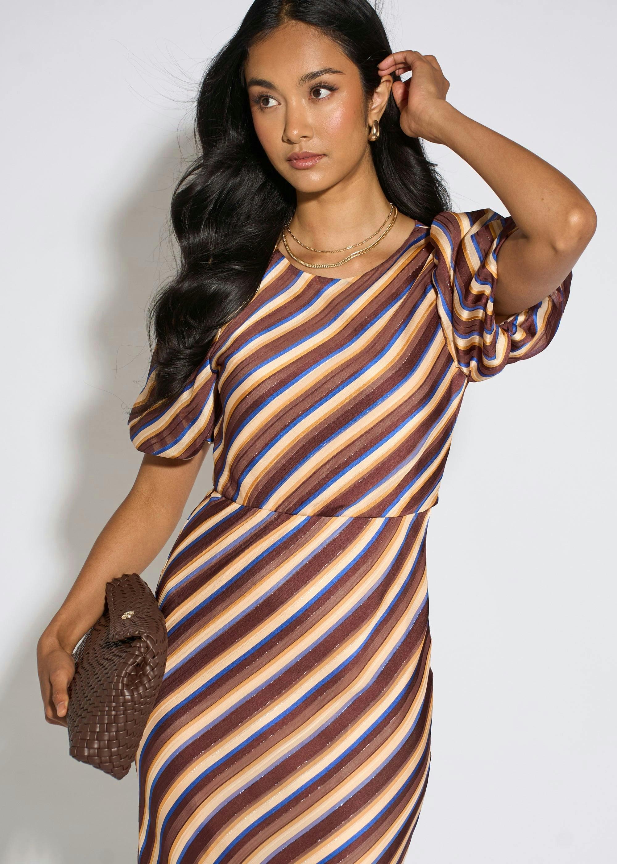 Brown Stripe Sparkle Chiffon Maxi Dress , view 3 of 4
