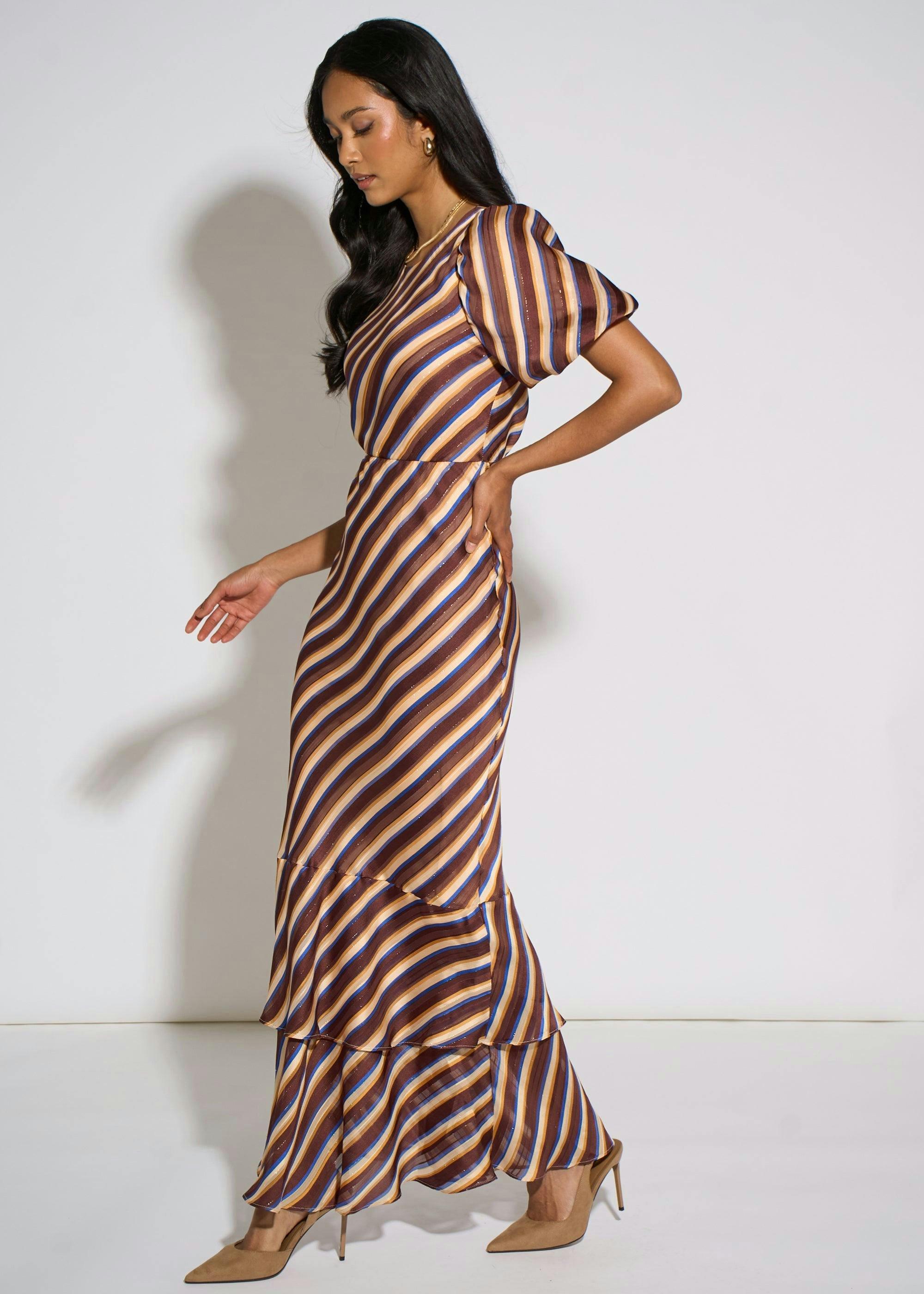 Brown Stripe Sparkle Chiffon Maxi Dress , view 4 of 4