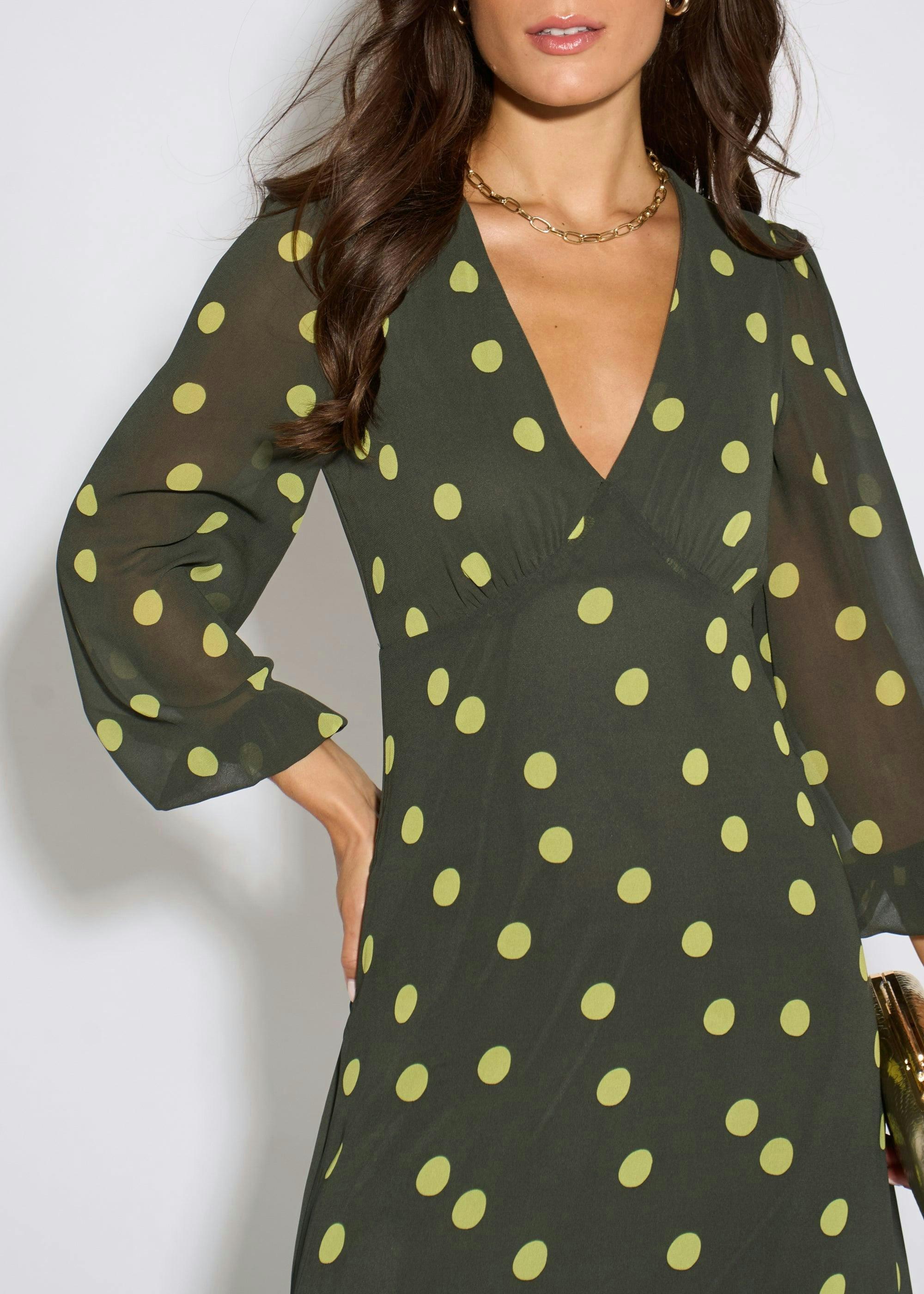 Green Lime Spot V Neck Midi Dress , view 2 of 4