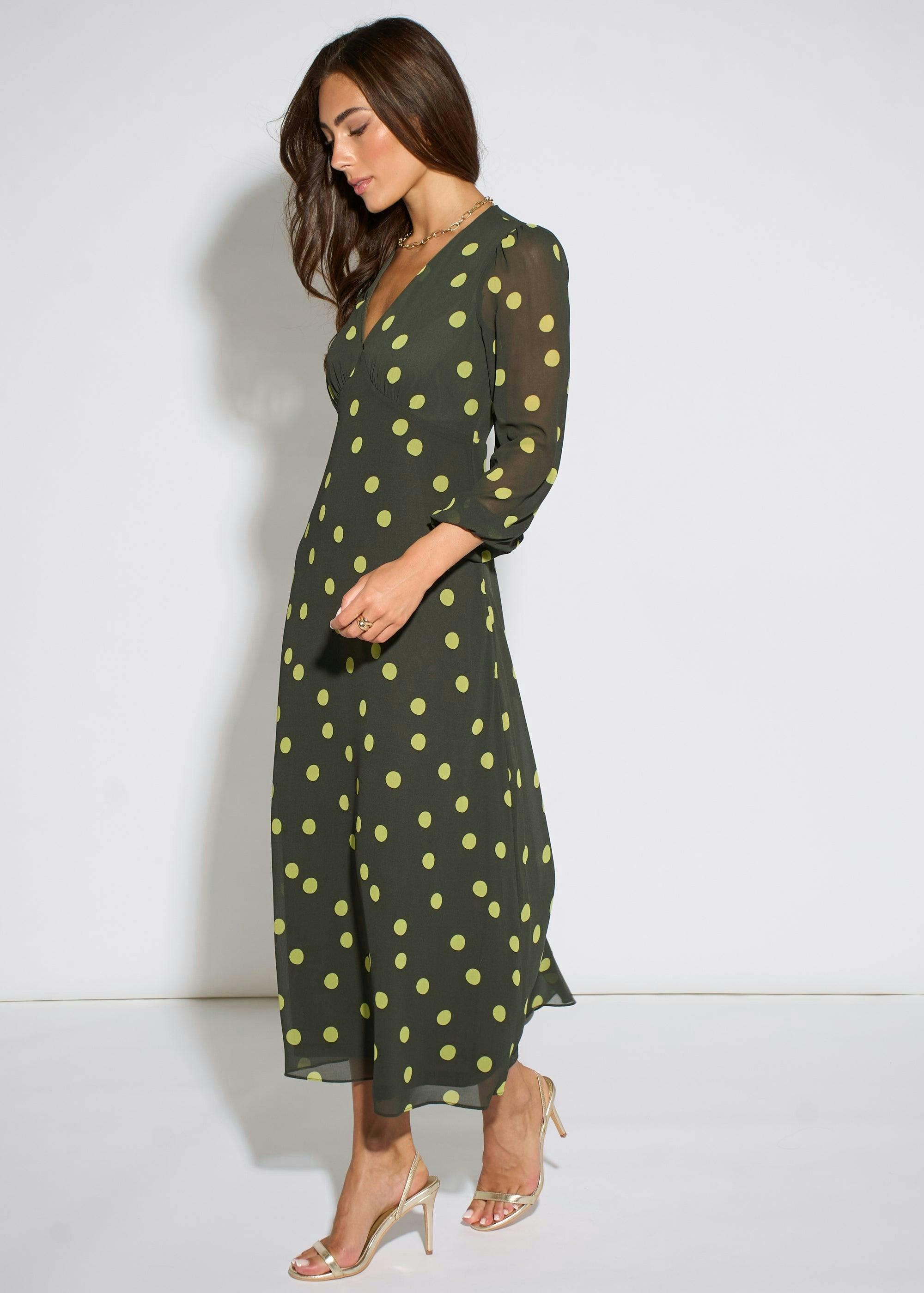 Green Lime Spot V Neck Midi Dress , view 3 of 4
