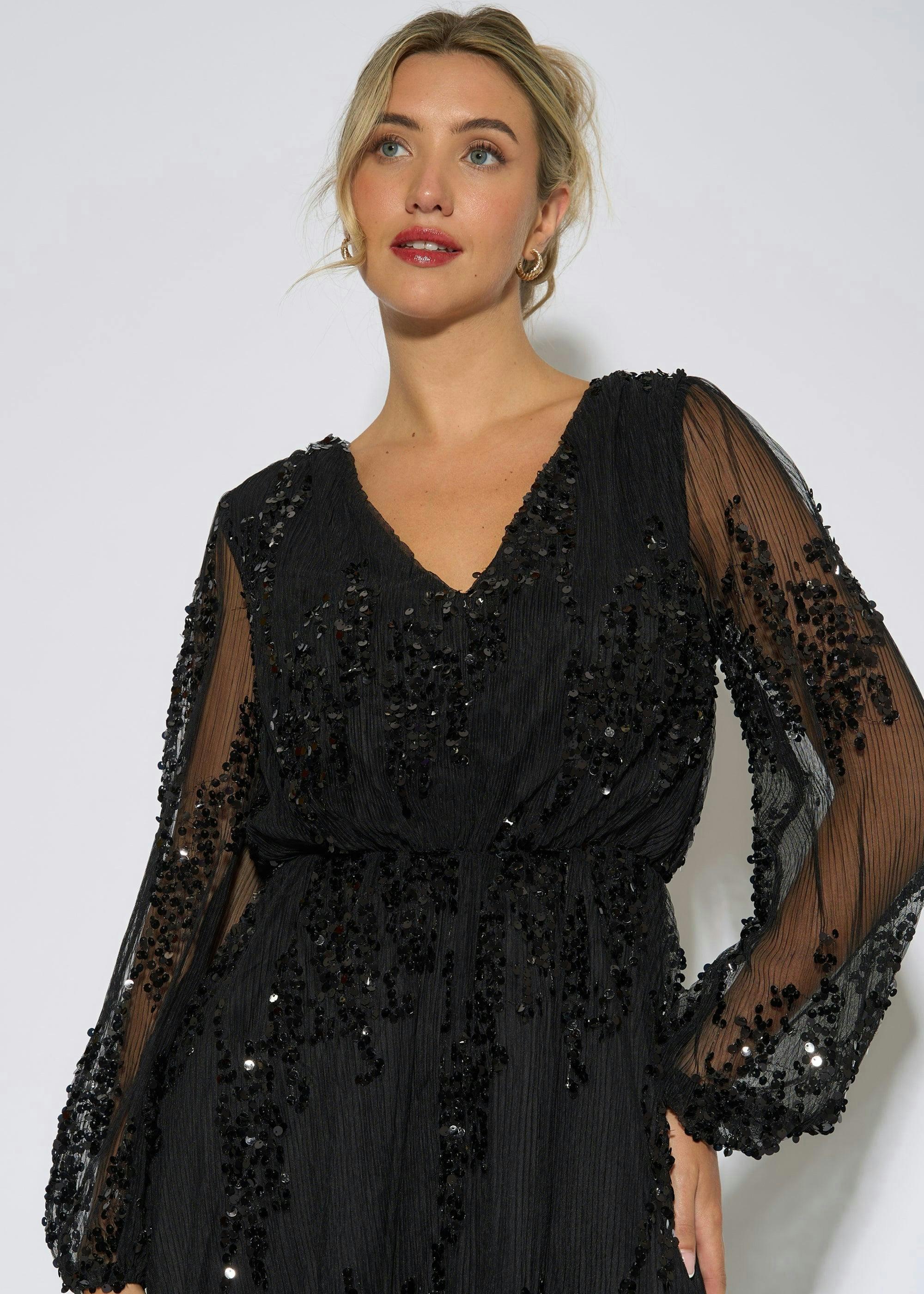 Black Sequin Floral V Neck Mini Dress , view 3 of 4