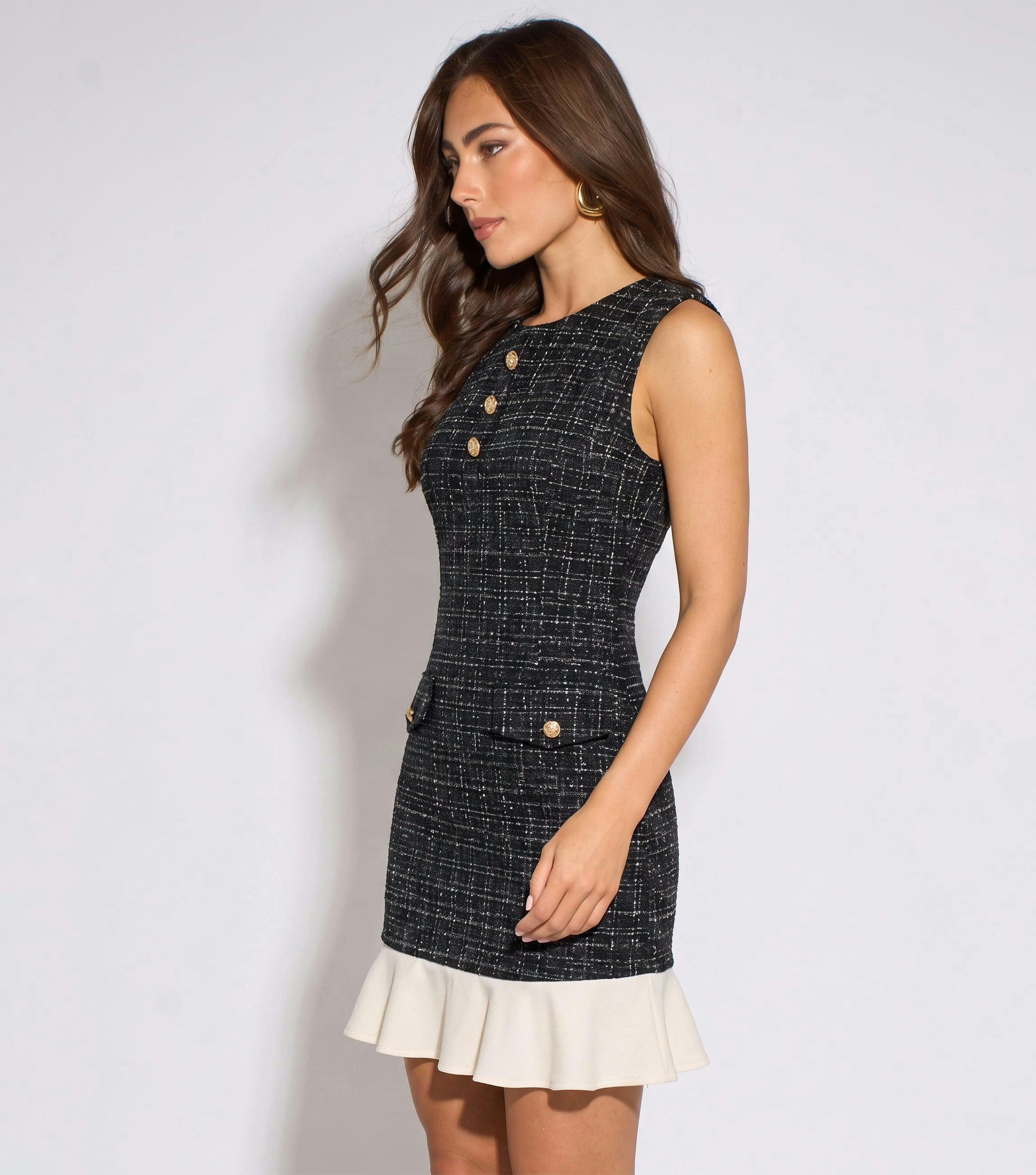 Black Boucle Contrast Satin Ruffle Mini Dress , view 3 of 3