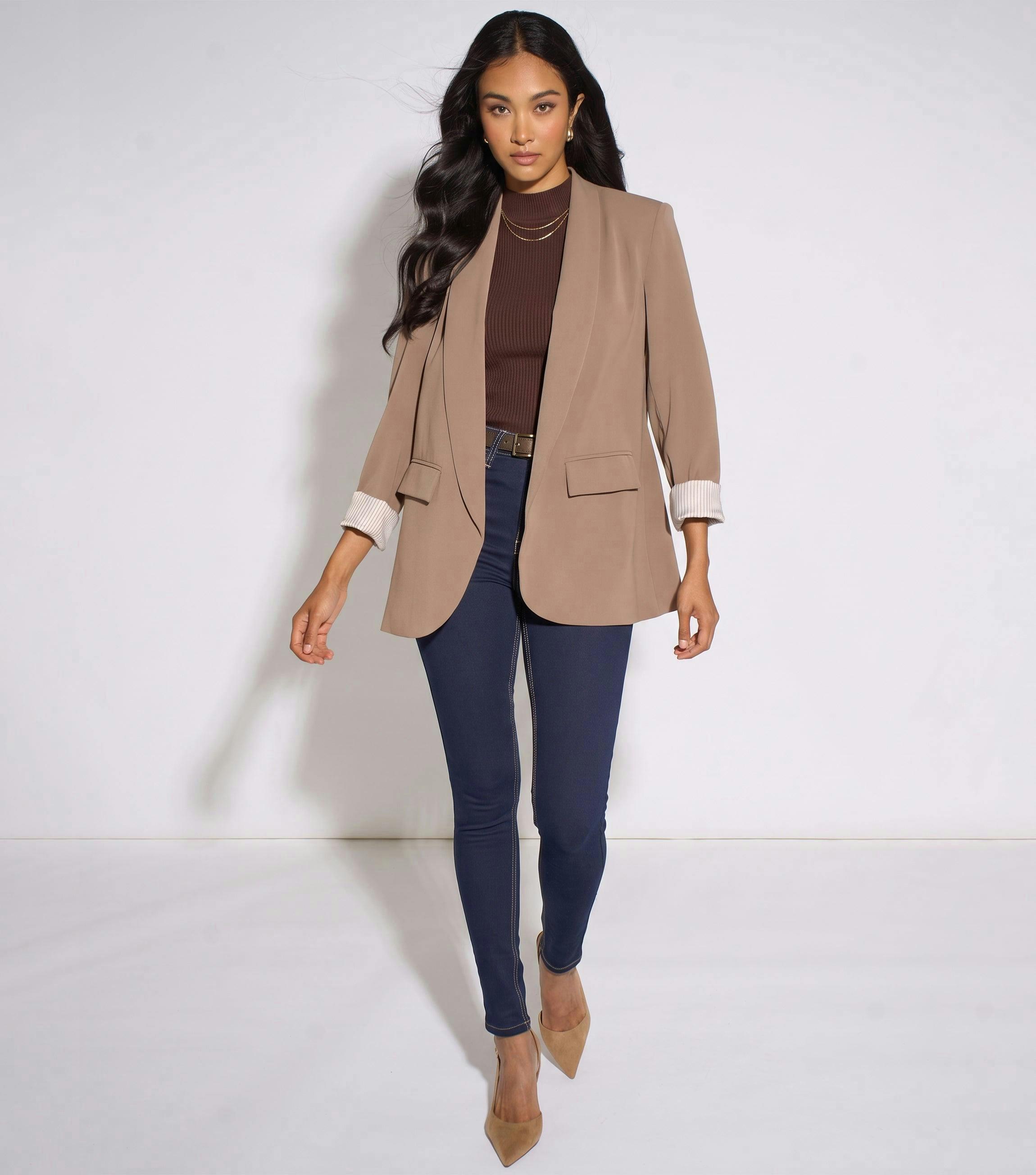 Mocha Contrast Sleeve Edge To Edge Blazer , view 3 of 4