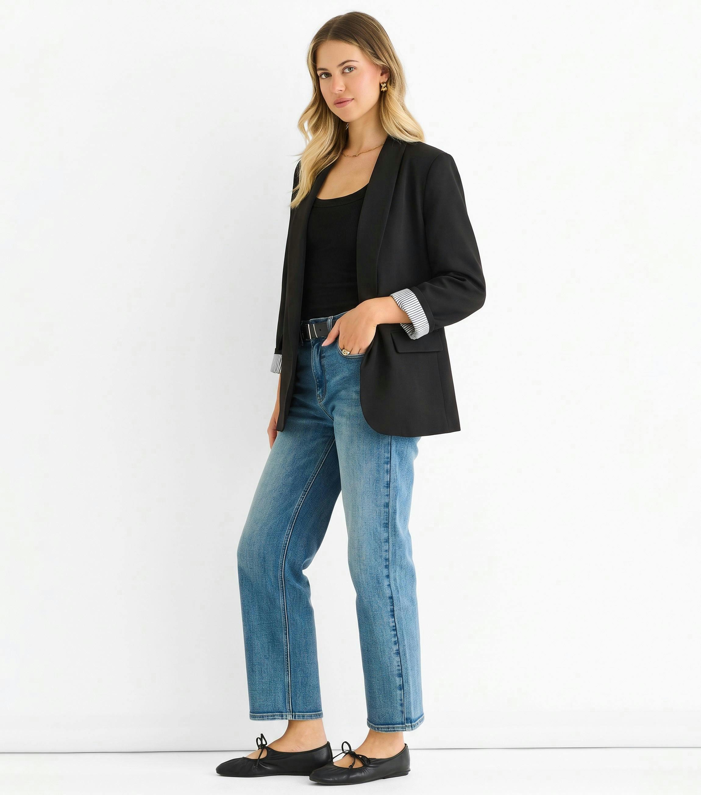 Black Contrast Sleeve Edge To Edge Blazer , view 3 of 4