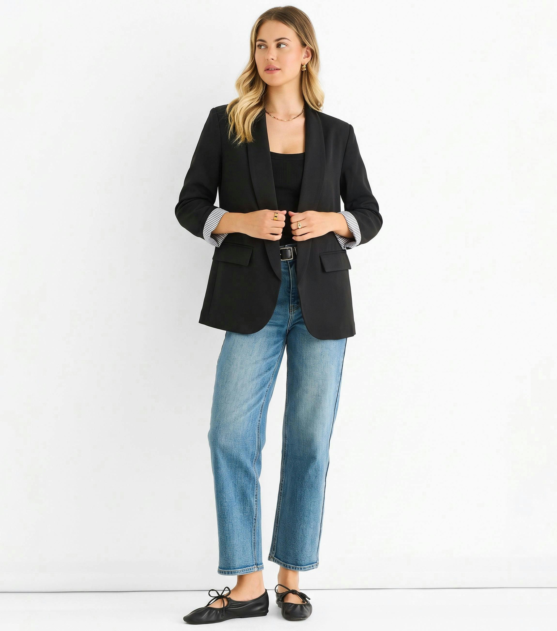 Black Contrast Sleeve Edge To Edge Blazer , view 4 of 4