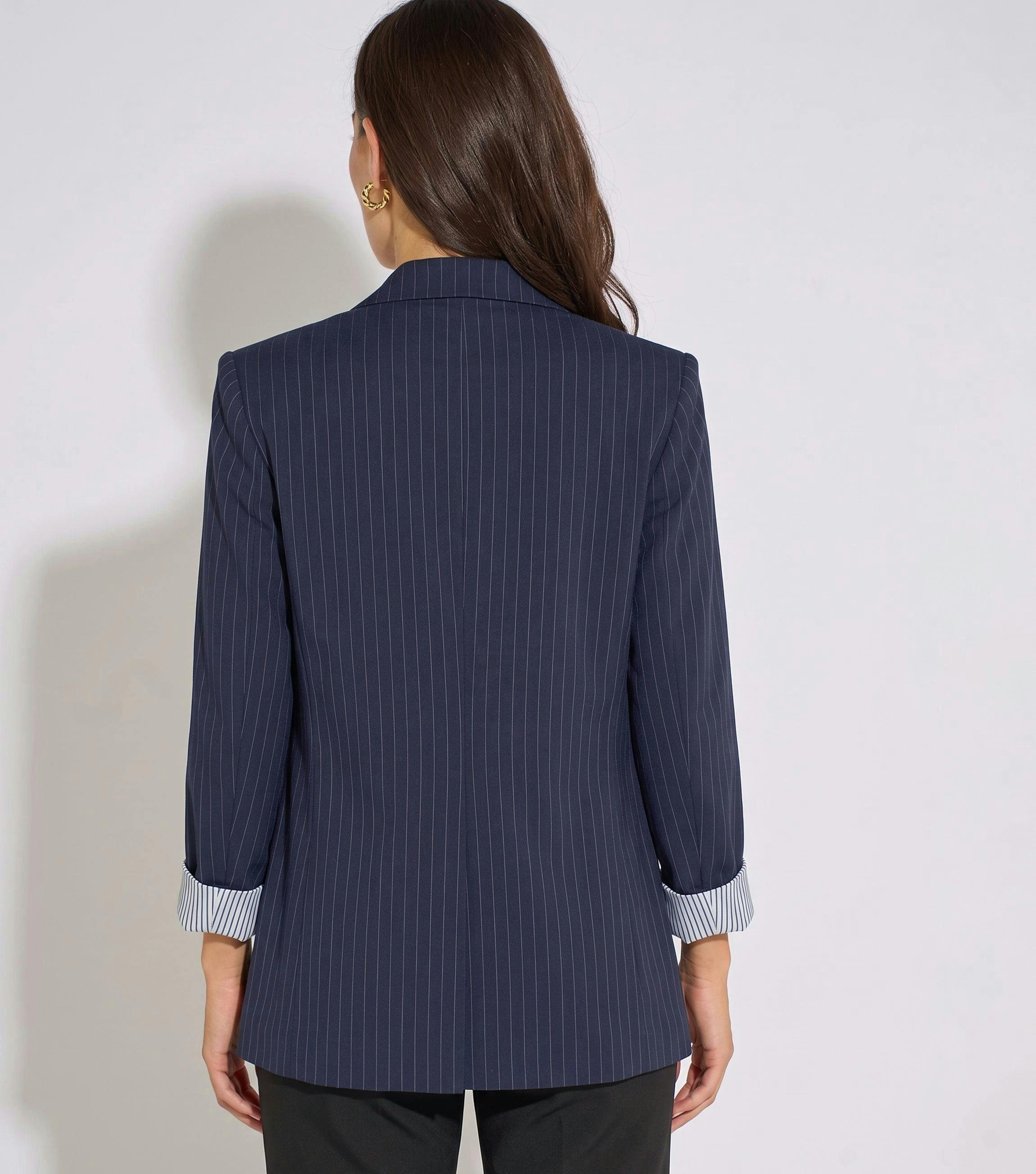 Navy Stripe Contrast Sleeve Edge To Edge Blazer , view 2 of 4