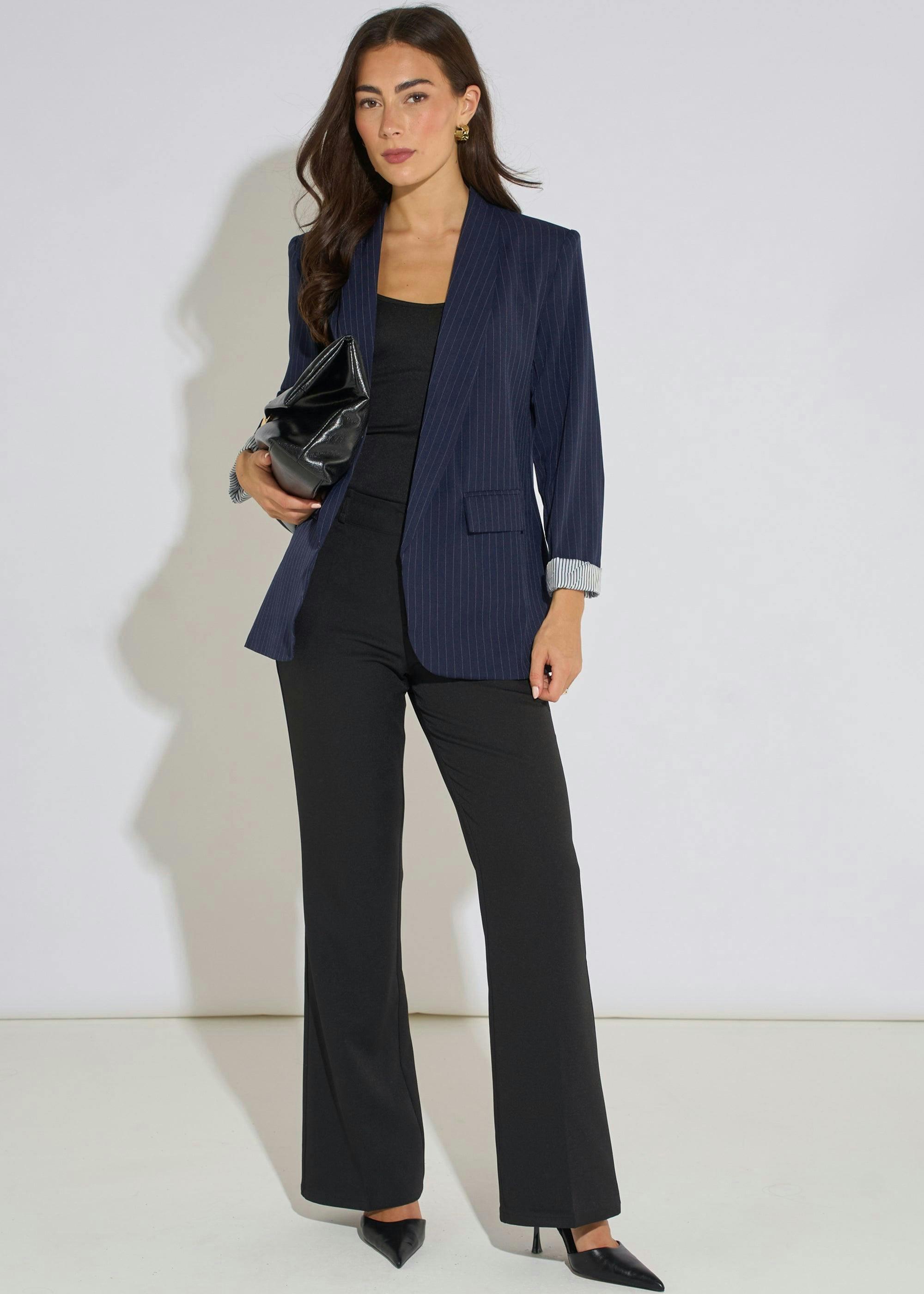 Navy Stripe Contrast Sleeve Edge To Edge Blazer , view 3 of 4