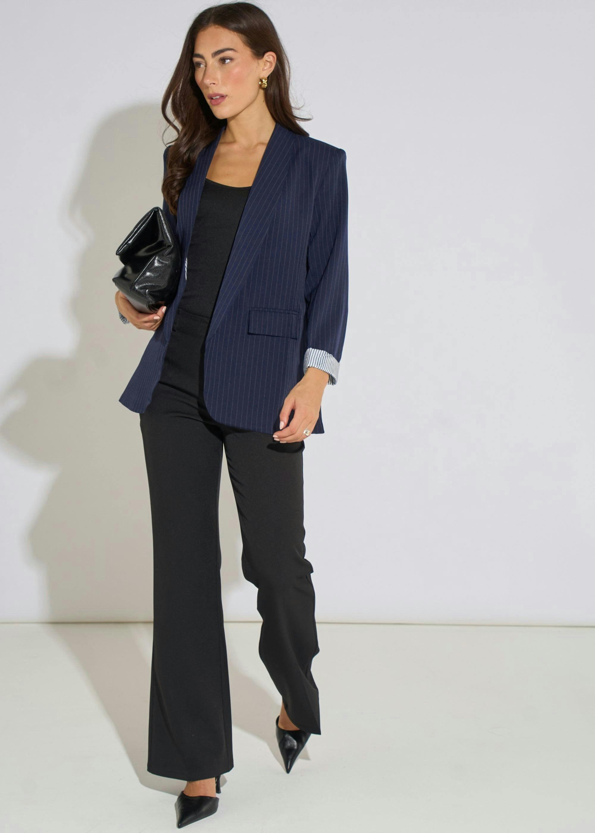 Navy Stripe Contrast Sleeve Edge To Edge Blazer , view 4 of 4