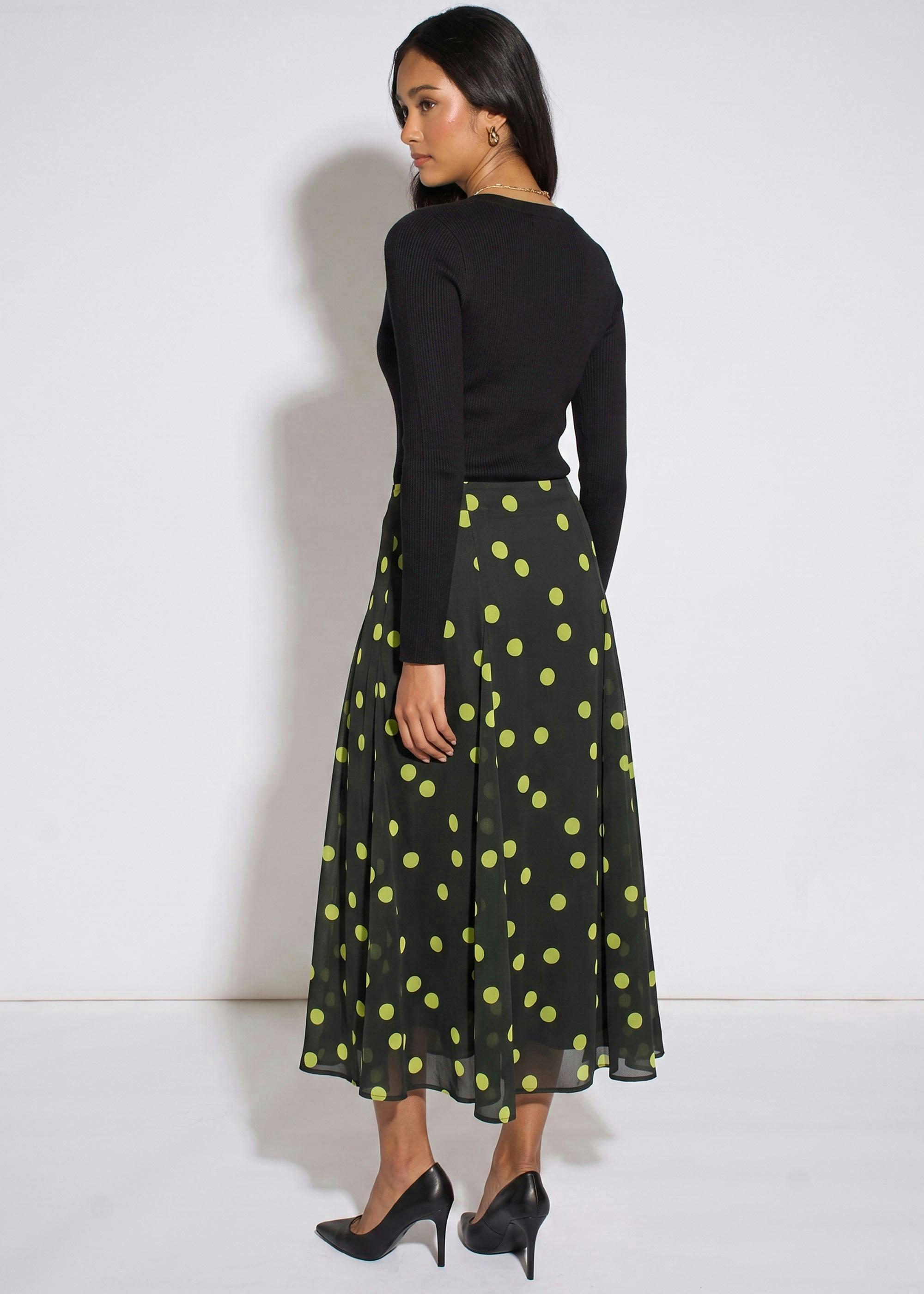 Green Lime Spot Satin Godet Midi Skirt , view 2 of 4