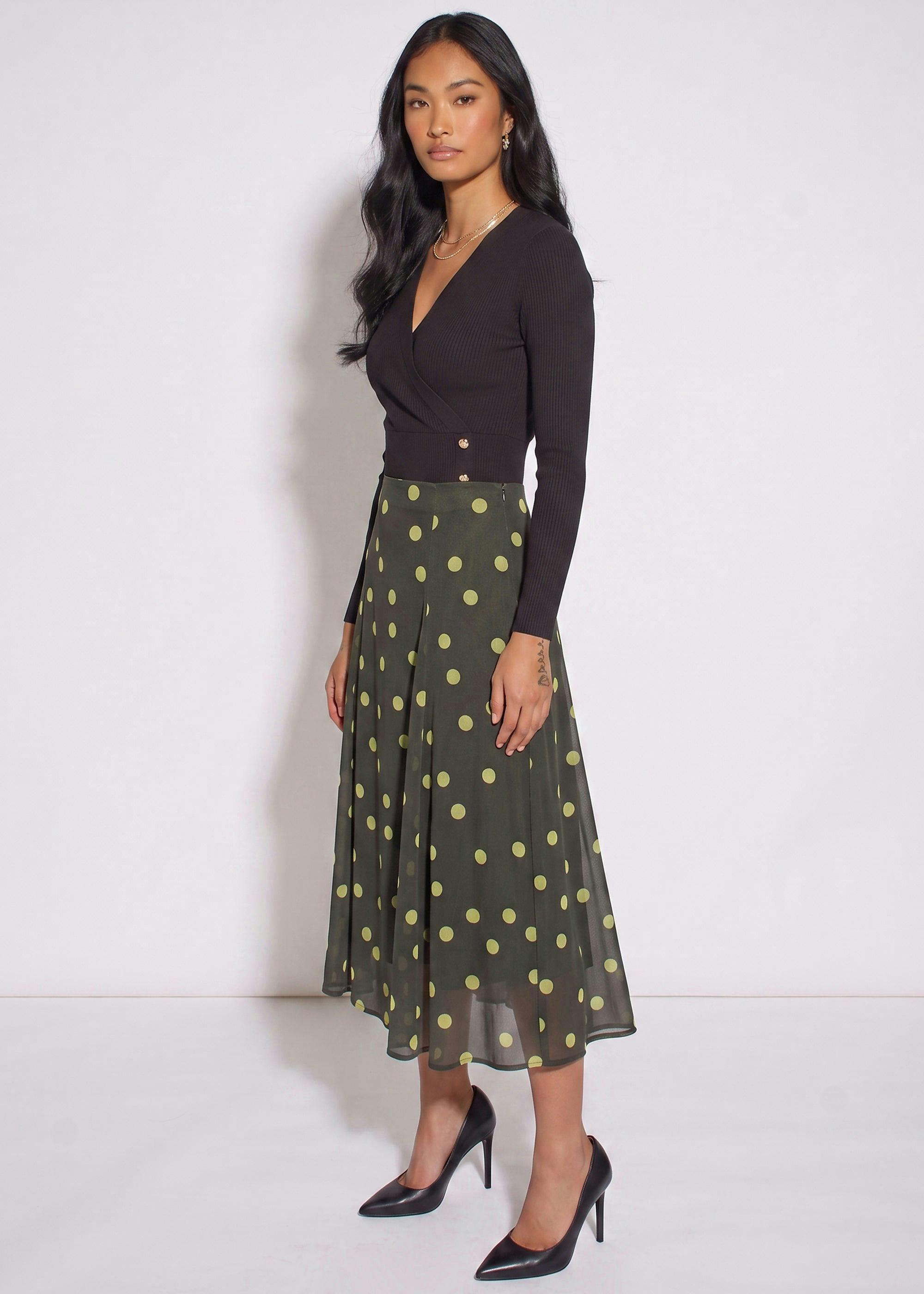 Green Lime Spot Satin Godet Midi Skirt , view 4 of 4