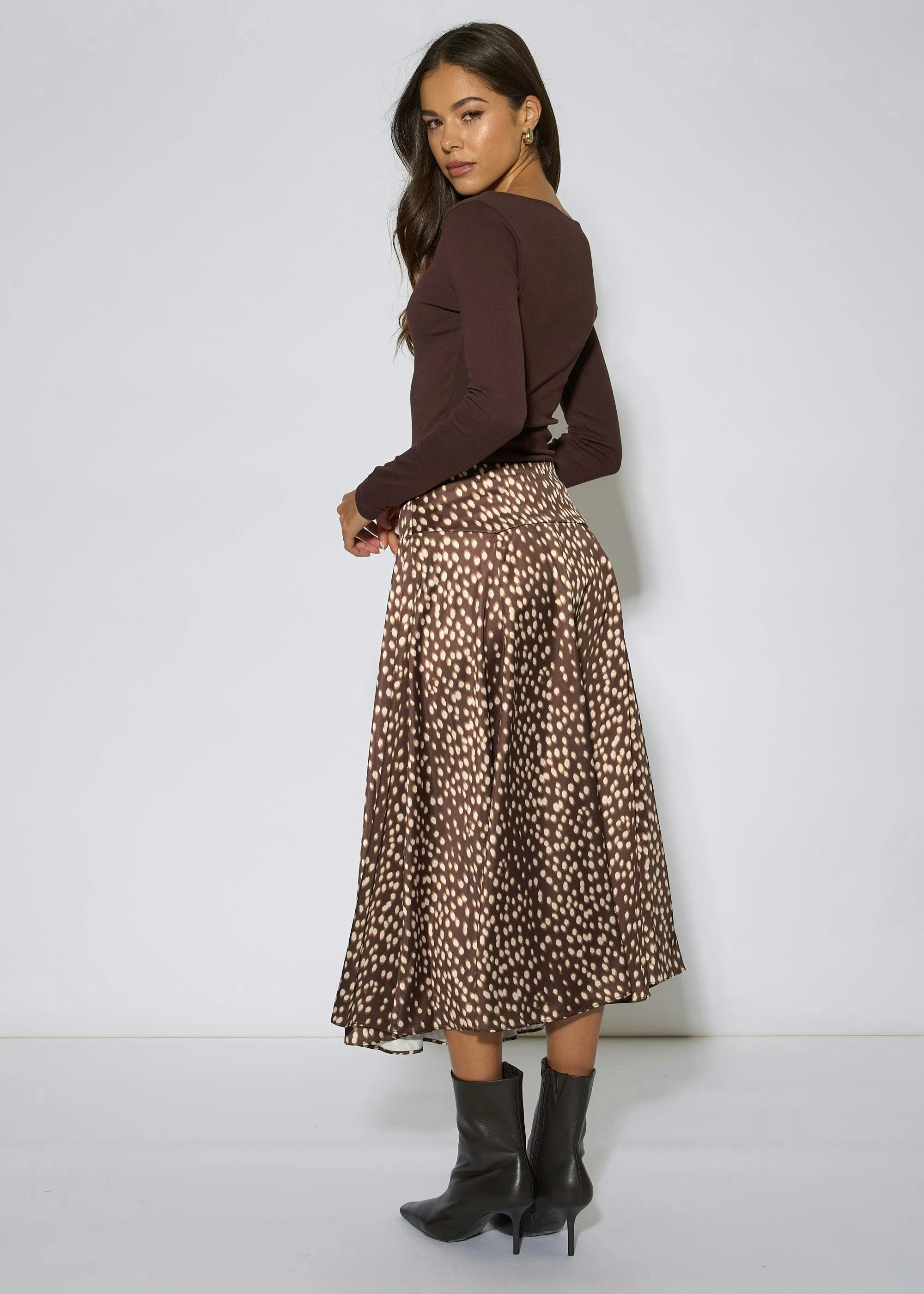 Brown Asymmetric Animal Print A Line Midi Skirt , view 2 of 4