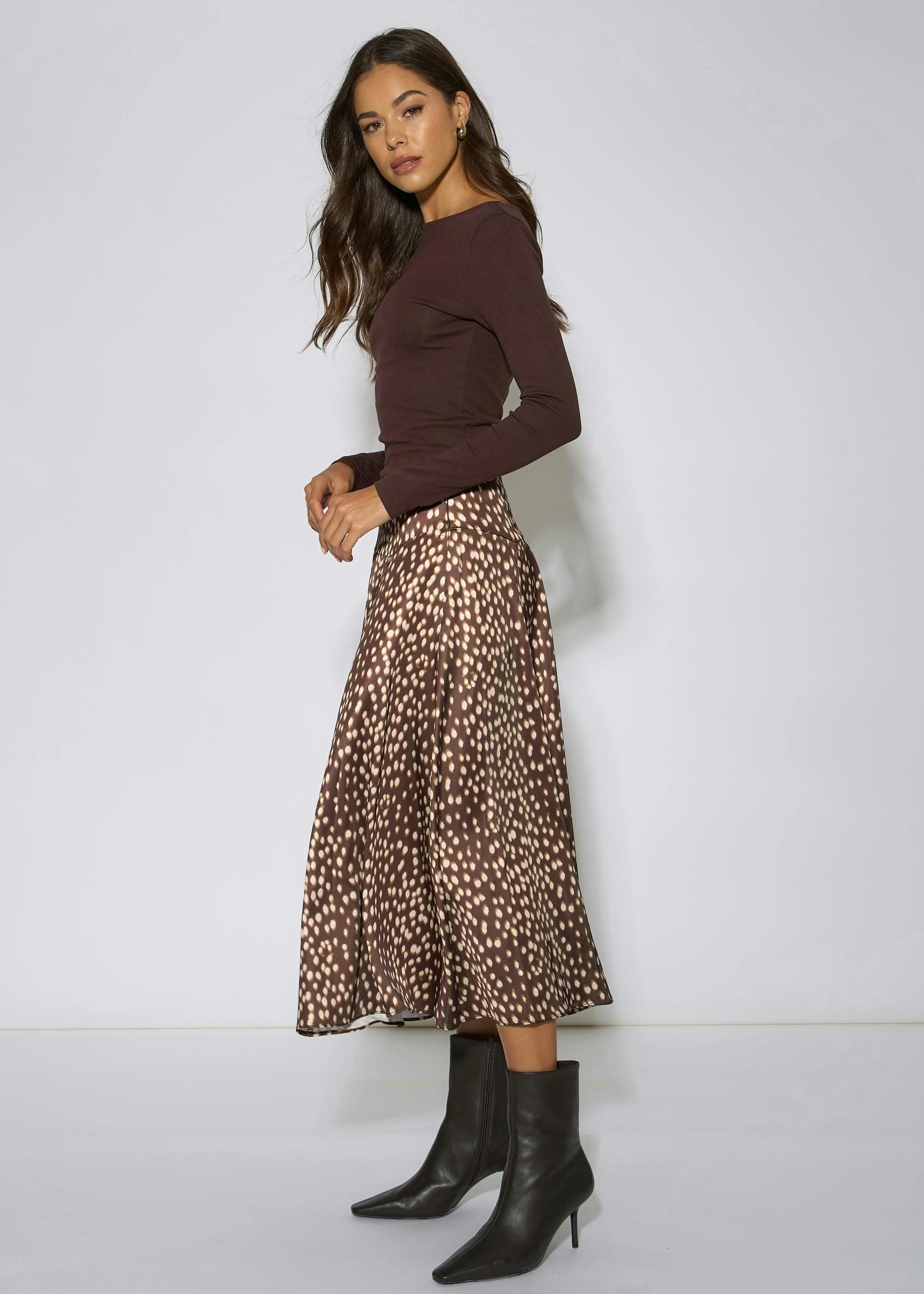 Brown Asymmetric Animal Print A Line Midi Skirt , view 4 of 4