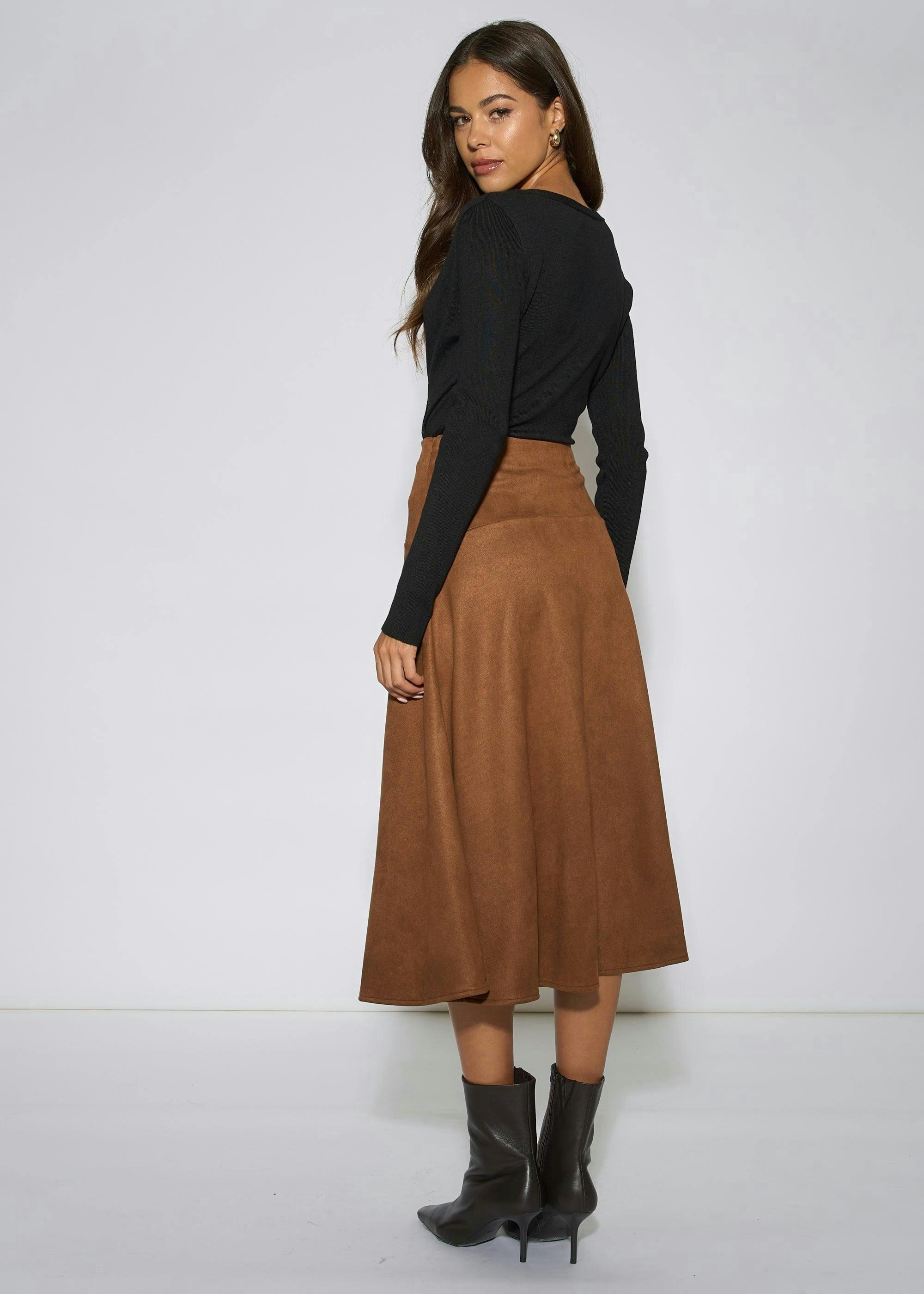 Tan Suede A Line Midi Skirt , view 2 of 4