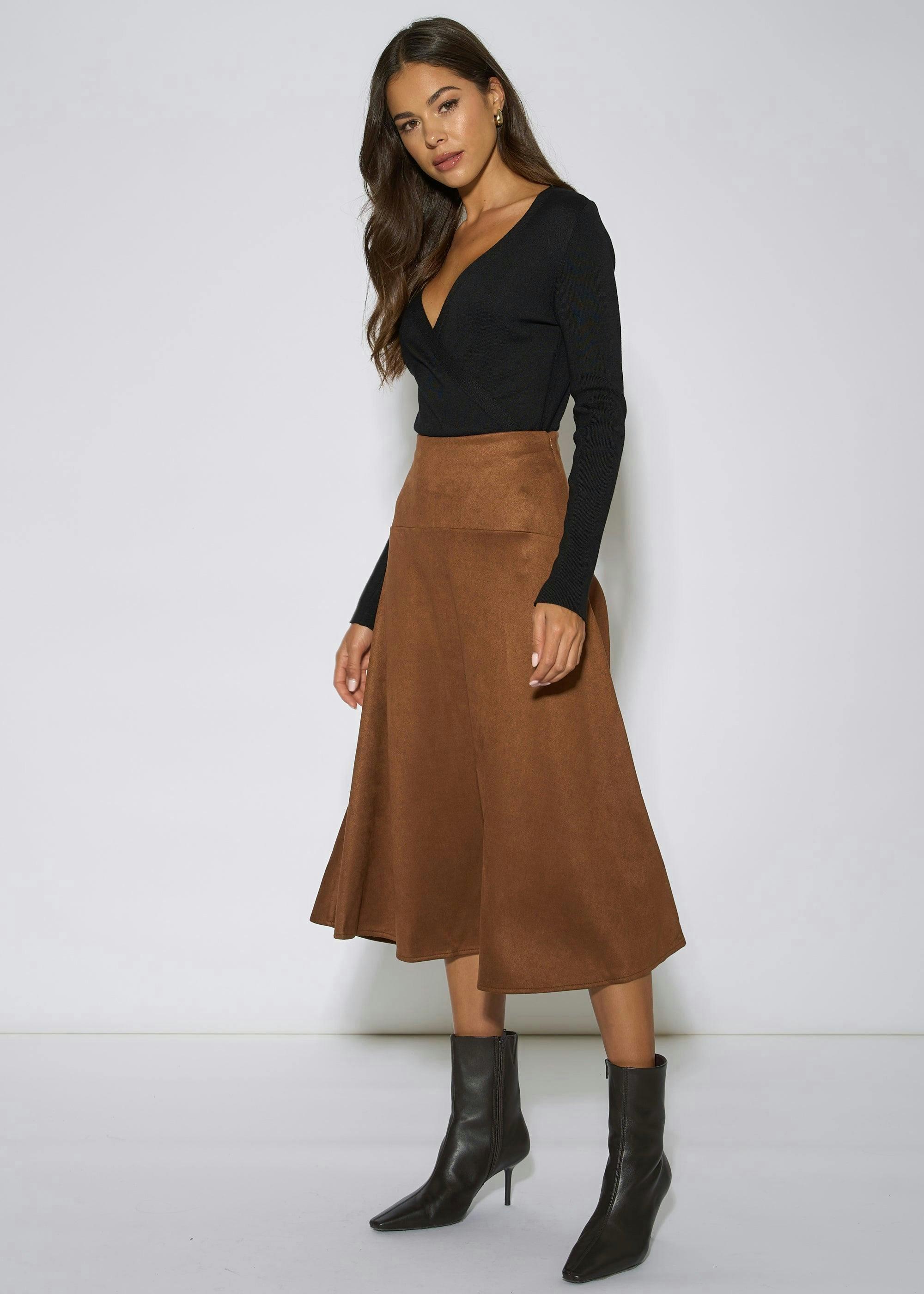 Tan Suede A Line Midi Skirt , view 4 of 4