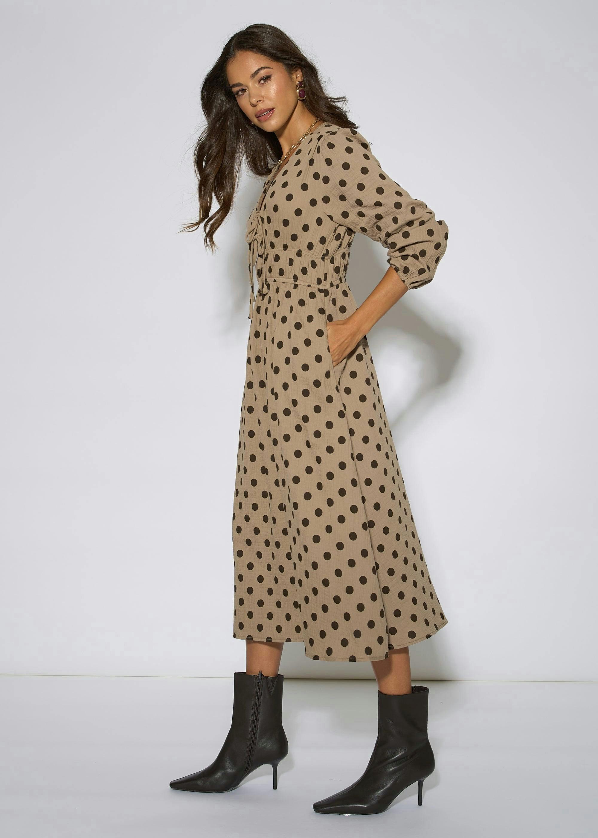 Beige Cotton Spot Skater Midi Dress , view 4 of 4