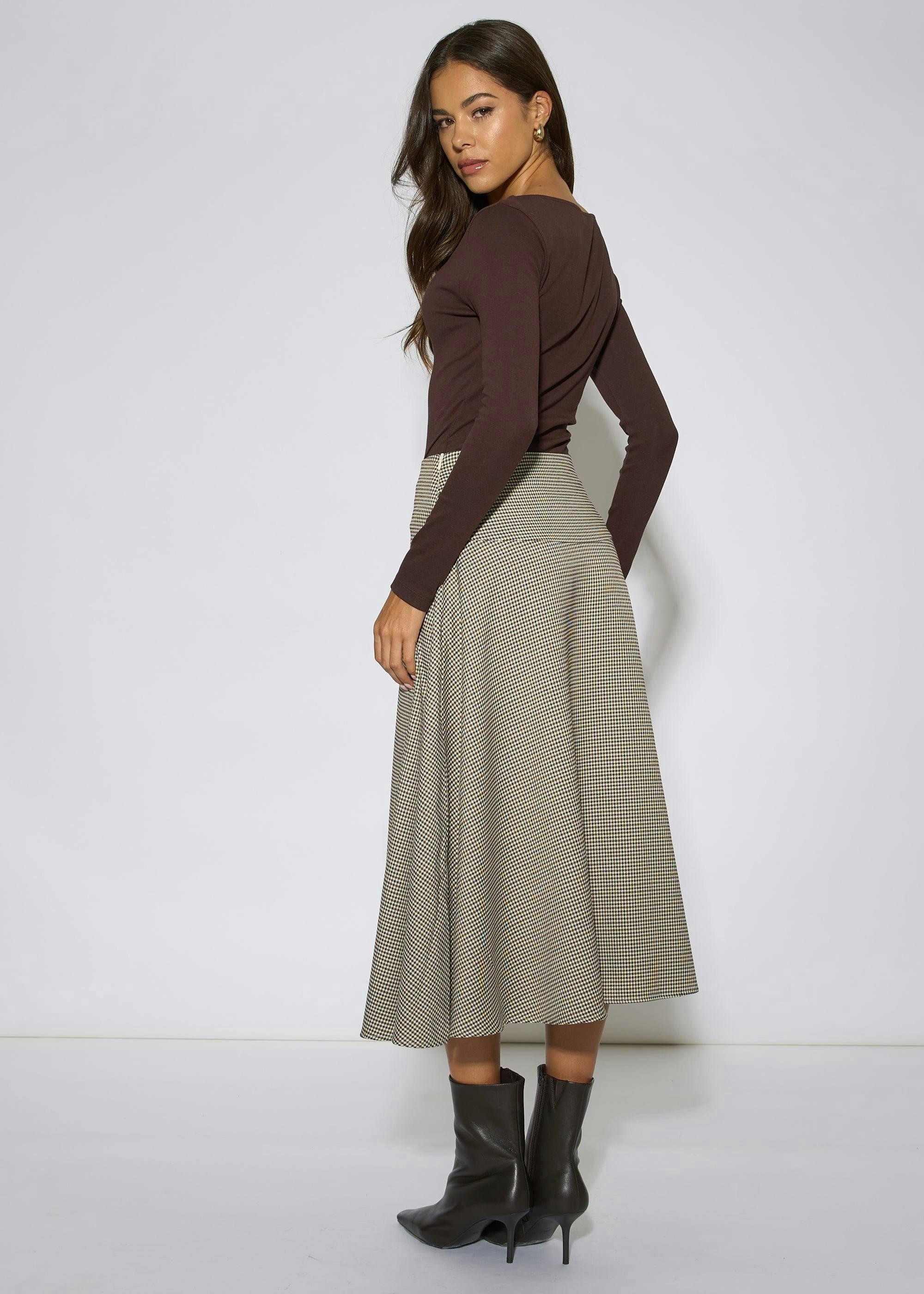 Brown Dog Tooth A Line Midi Skirt , view 2 of 4
