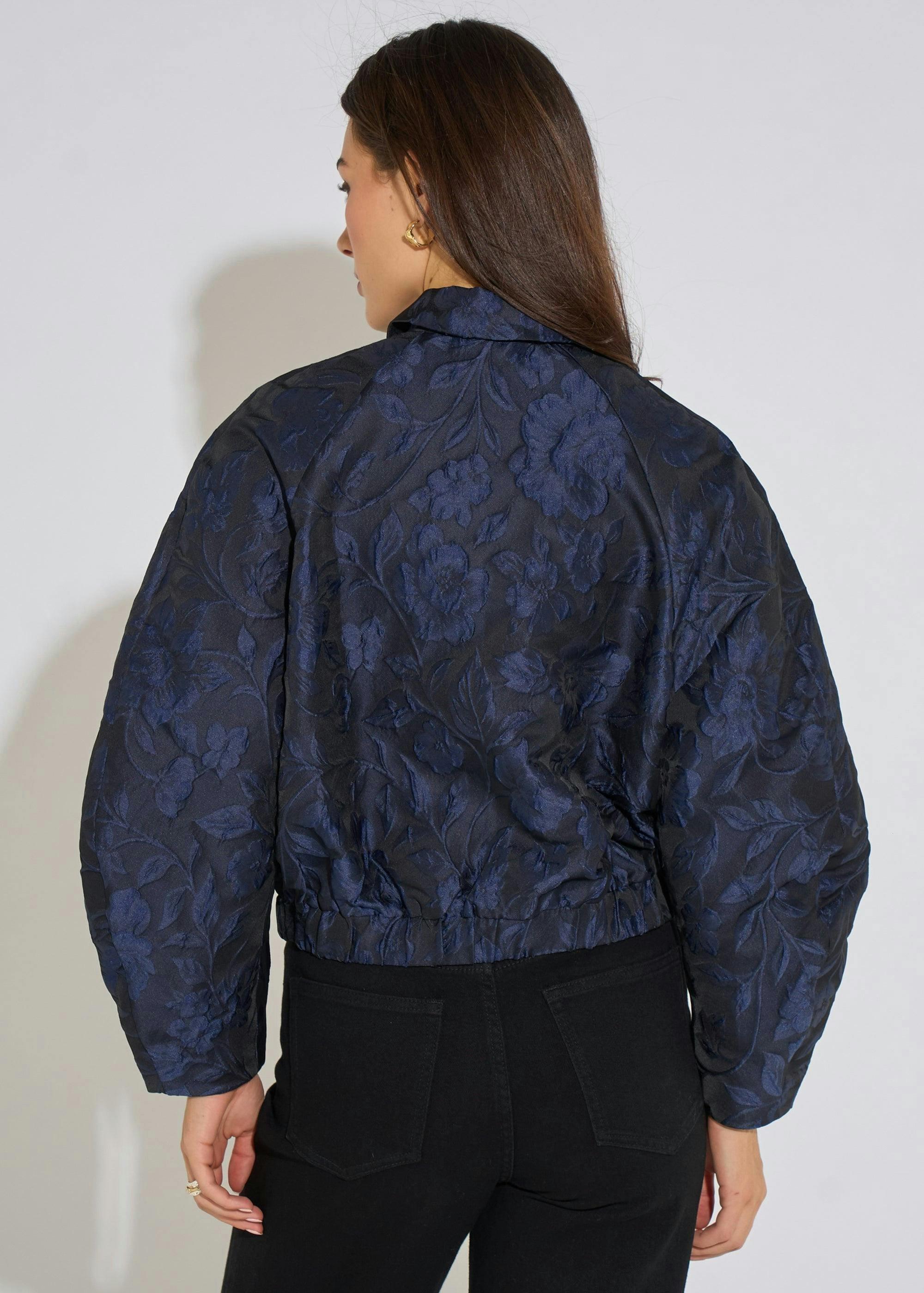 Navy Floral Jacquard Bomber Jacket , view 2 of 6
