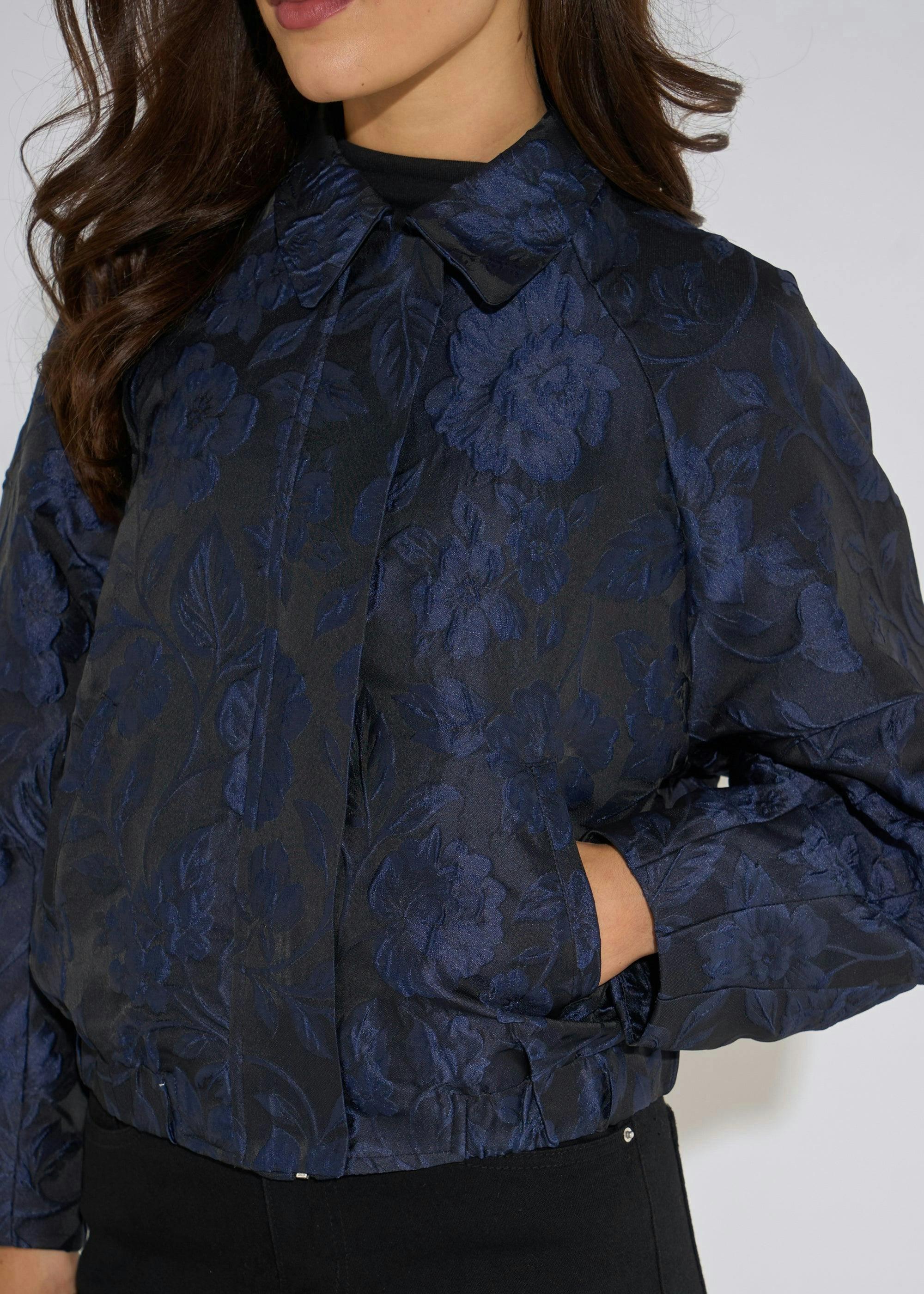 Navy Floral Jacquard Bomber Jacket , view 3 of 6