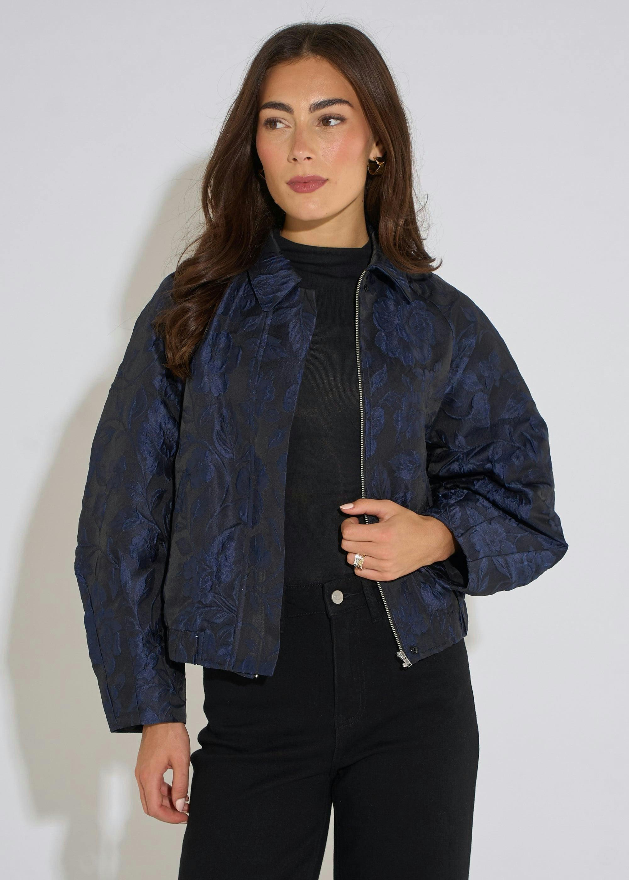 Navy Floral Jacquard Bomber Jacket , view 5 of 6