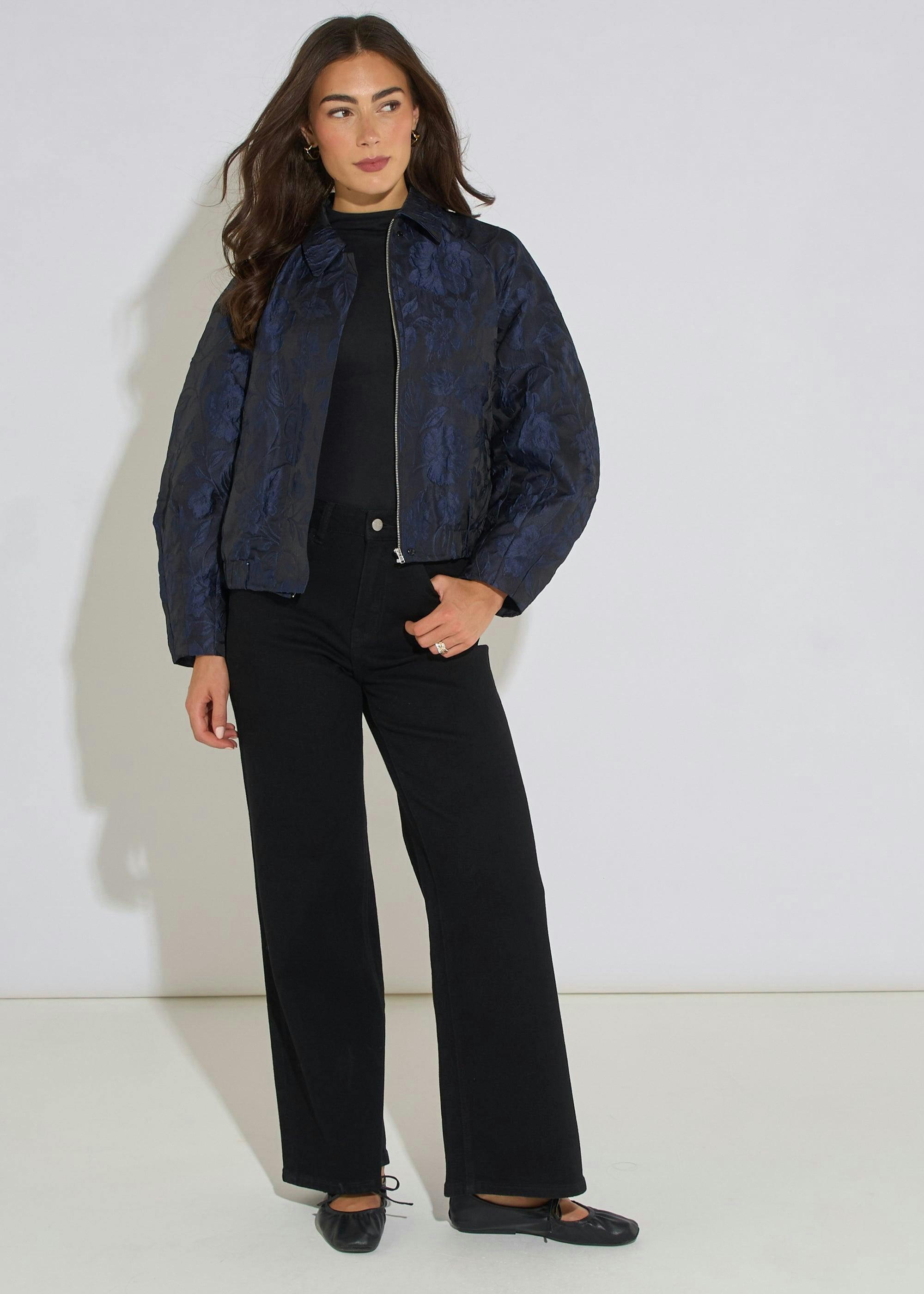Navy Floral Jacquard Bomber Jacket , view 6 of 6
