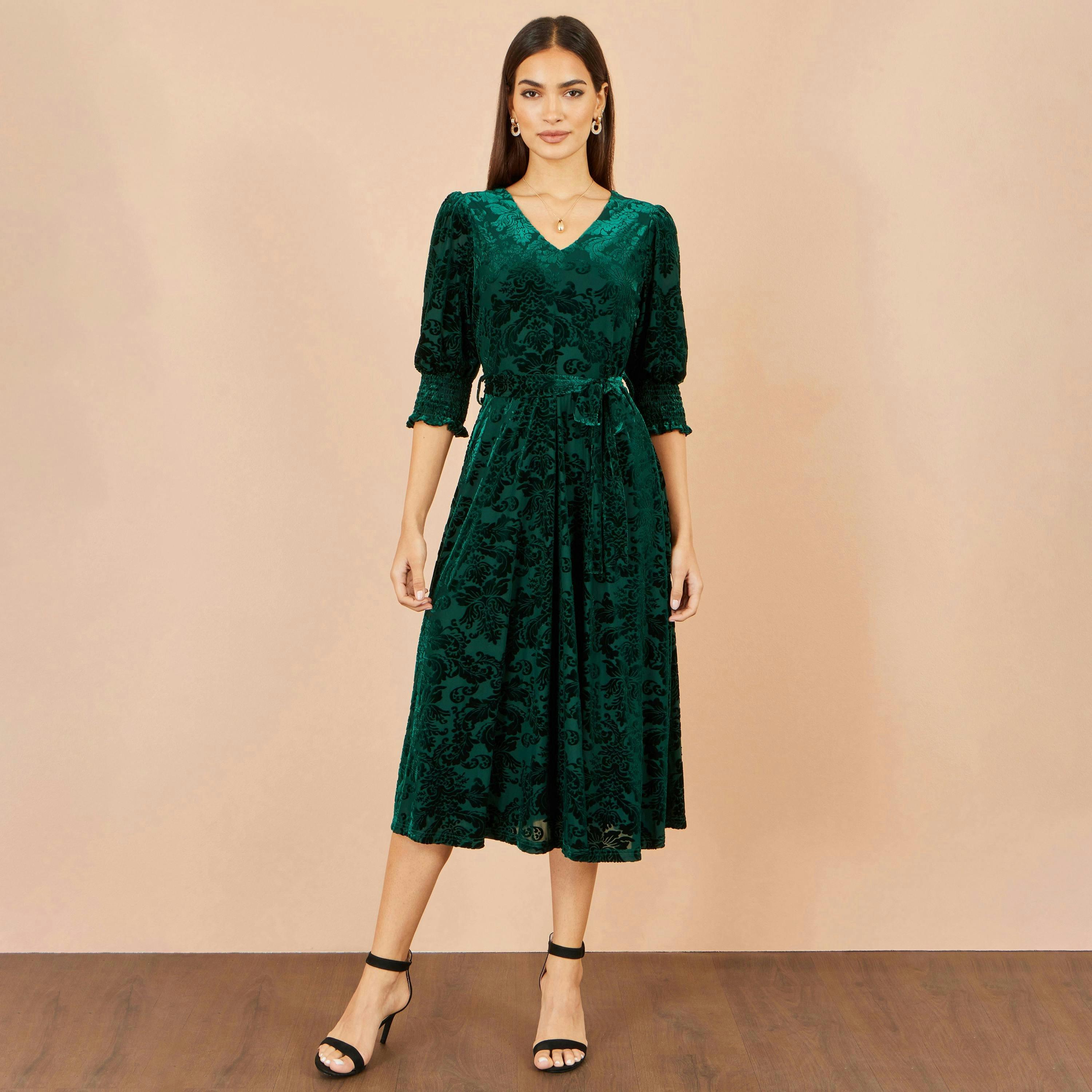 Yumi Green Velvet Floral Midi Dress , view 2 of 5